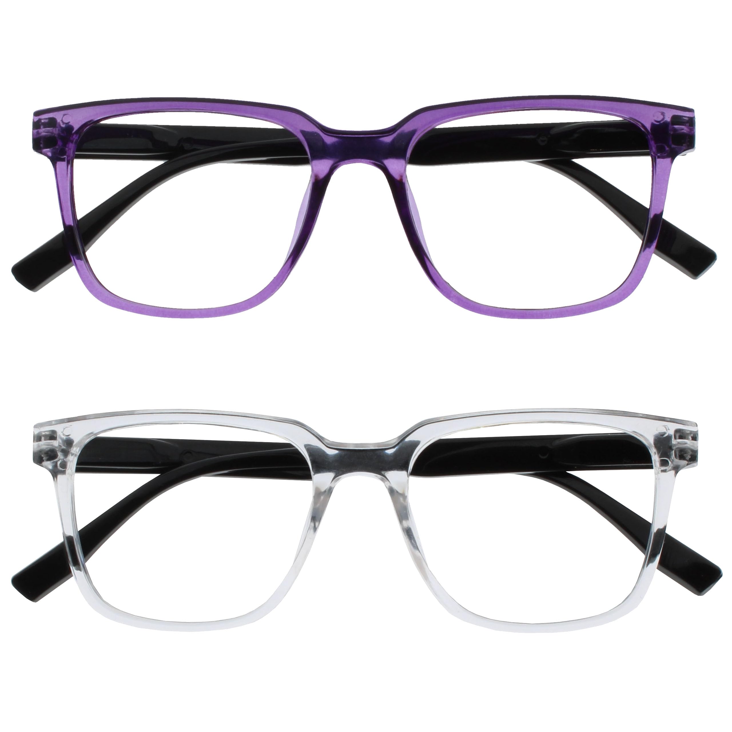 OPULIZE LEO Lesebrille - 2er-Pack - Großes Rechteckiges Gestell - Lila, Klar - Herren Damen - Federscharniere - RR55-5C - +1.00
