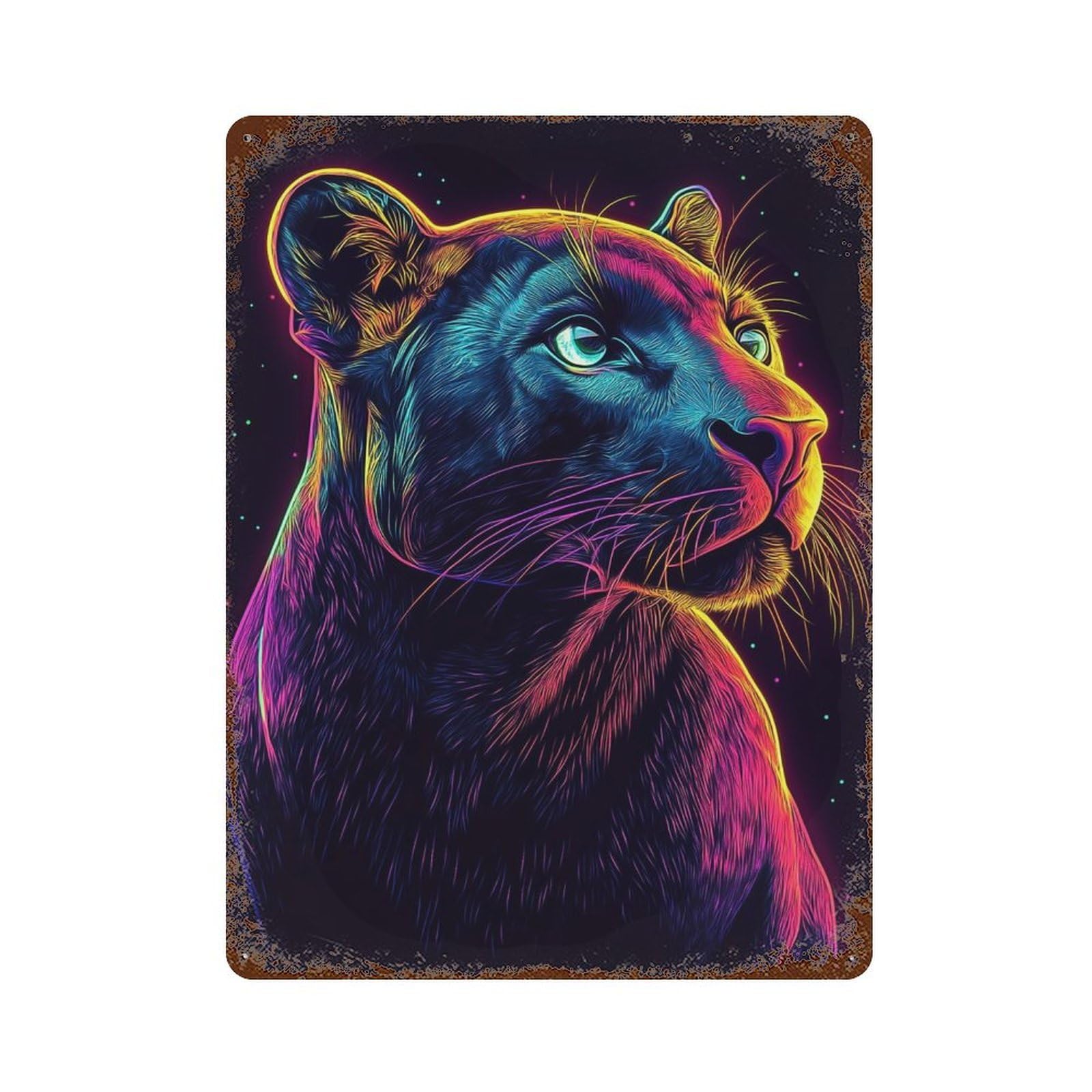 Neon Panther Portrait Art Print Weathered Tin Sign 15.7"x11.8", Classic Wall Plaque for Garage, Bar And Workshop Decor