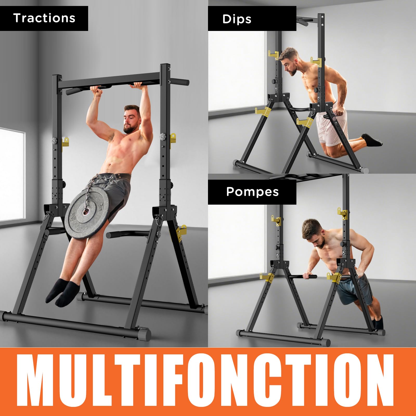 DH FitLife Power Tower pliable | Barre de Traction Autoportante, Barres Parallèles et Supports pour Haltères/Dossier | Station de Musculation Sport Maison