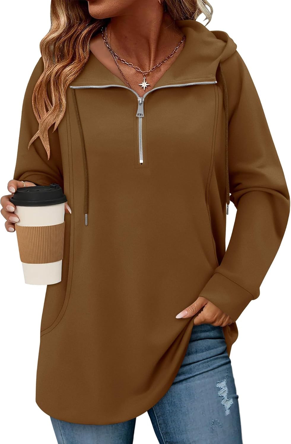 onlypuff Women Hoodie Pullover Trendy Quarter Zipper Lapel Sweatshirts Drawstring Cute Hooded Tunic Tops with Side Pockets