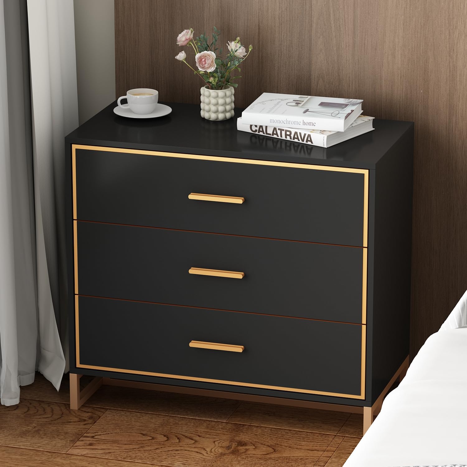 Homsee Black Nightstand with 3 Storage Drawers, Modern Wooden Night Stand, Versatile Sofa Bed End Side Table with Gold Legs & Handles, 31.5" W x 15.7"