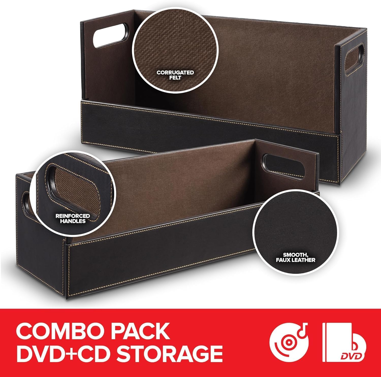 Stock Your Home DVD and CD Storage Box, Movie Shelf Organizer for Blu ray Video Game Cases CDs and VHS, Display Stand Holds up to 28 DVDs and 40 CDs, Faux Leather 3 Pack