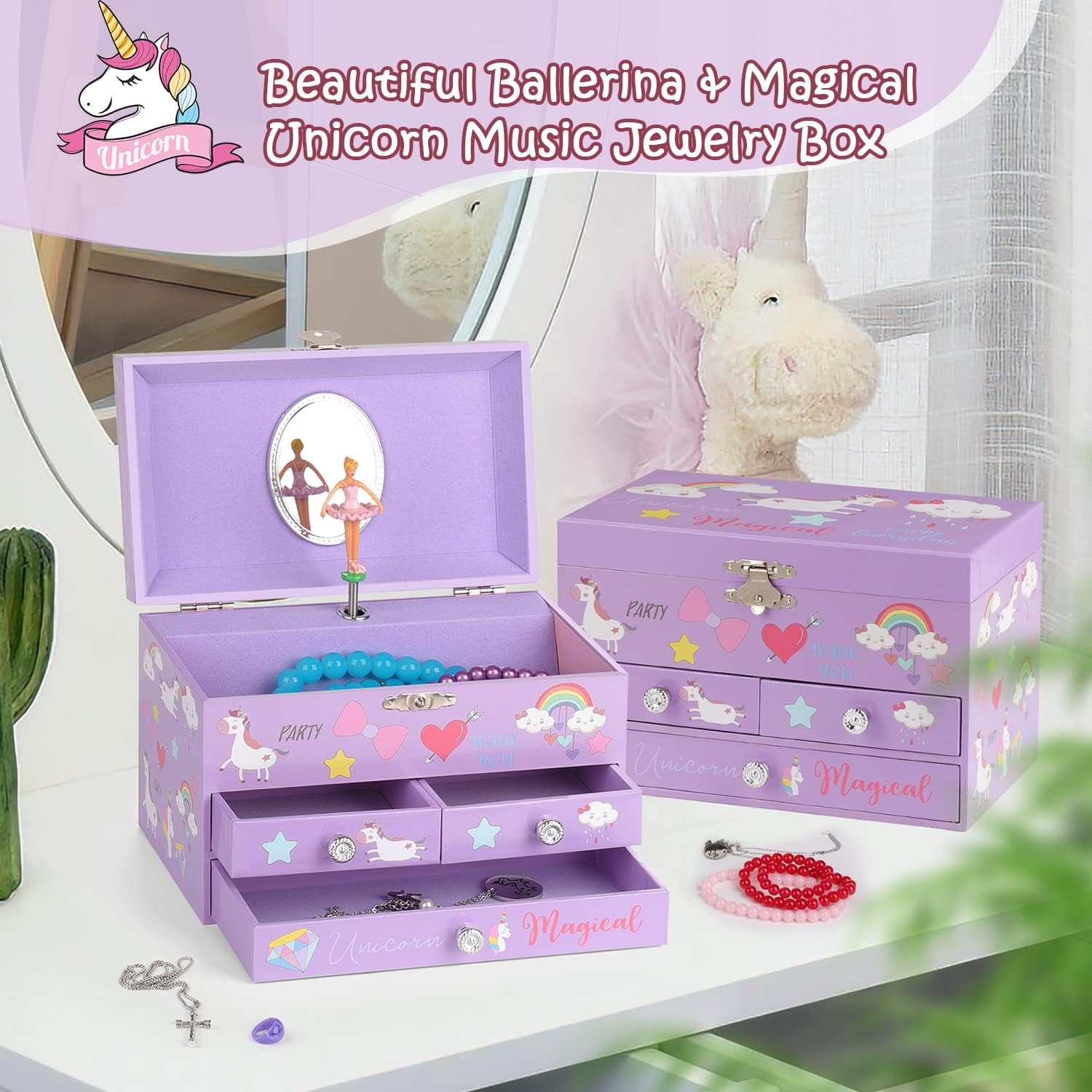 Musical Jewelry Box for Girls 3 Layer Music Box with Drawers Spinning Ballerina Unicorn Design Included Unicorn Jewelry Set Kids Birthday Christmas Gifts for Girls, Purple - Image 2