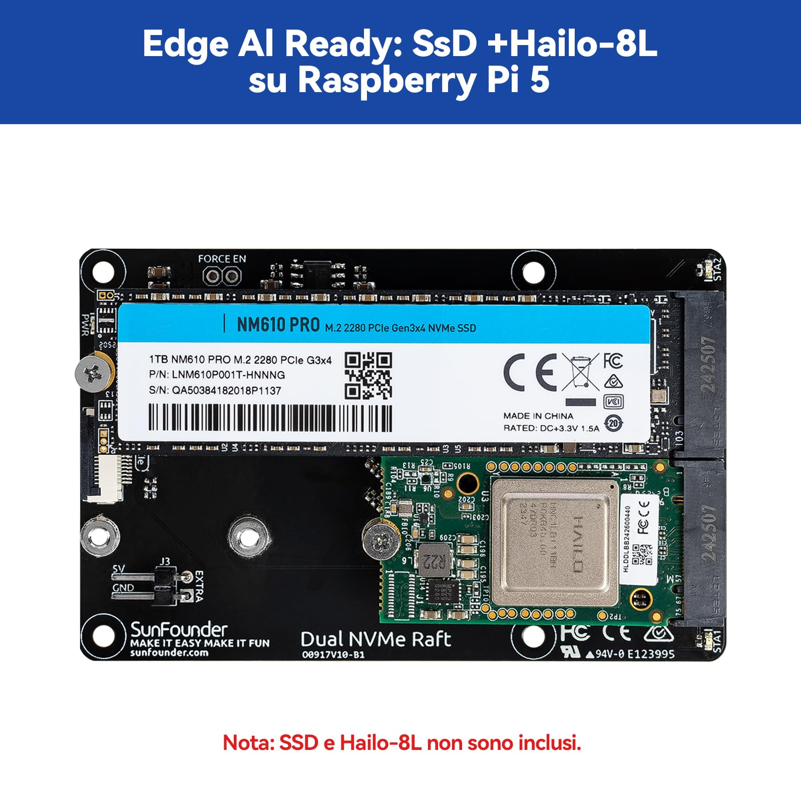 SUNFOUNDER Dual NVMe Raft per Raspberry Pi 5 PCIe Gen 2.0 a M.2 HAT Key-M SSD Hailo-8L AI Accelerator PIP M.2 2230/2242/2260/2280, NAS RAID 0/1, indicatori LED, manuale