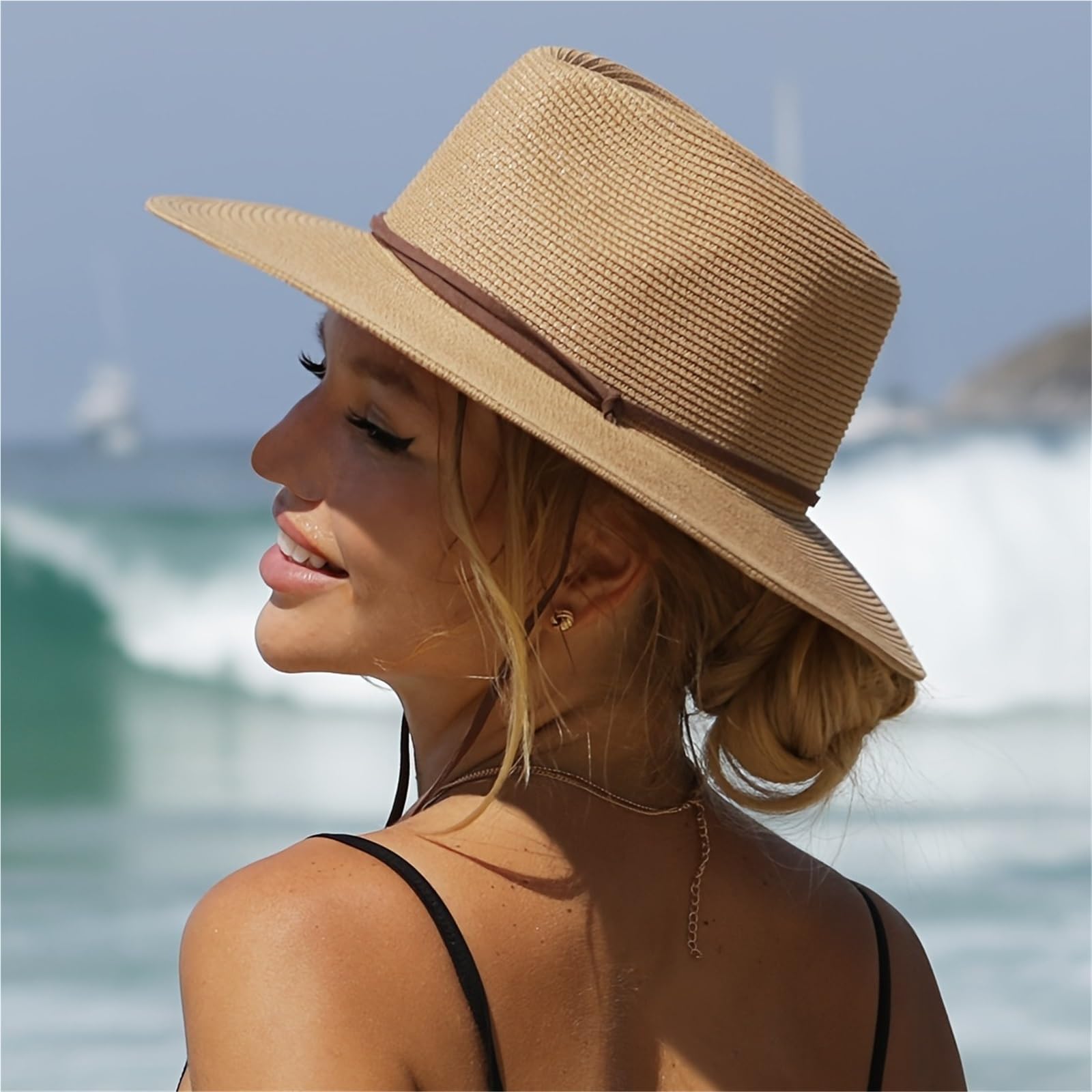 Sombrero de paja ala ancha verano for mujer, sombrero for el sol playa al aire libre, gorra con protección solar viento para Hombres y Mujeres