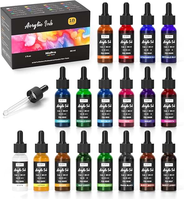Nicpro 18-Color Quick-Dry Permanent Acrylic Ink Set with Droppers for Mixed Media