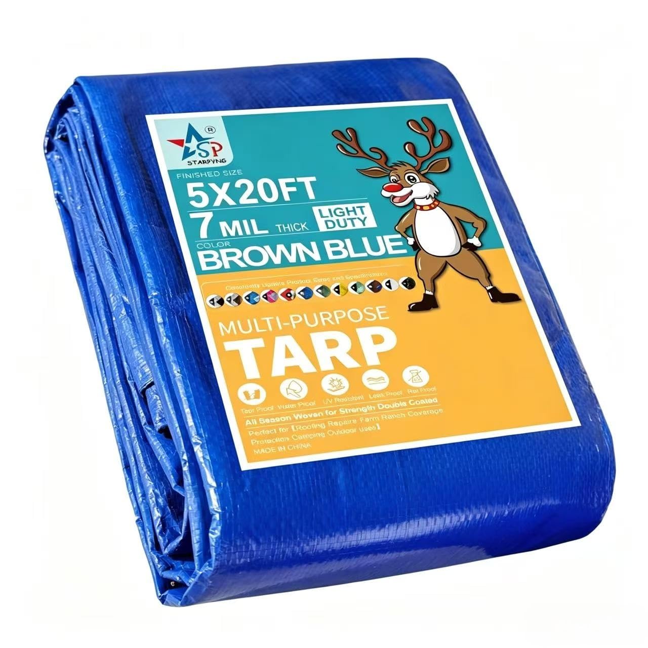 STARPYNG-7 Mil Blue 5x20 Feet Tarp-Multifunctional Blue Waterproof Tarpaulin-Waterproof, UV Resistant, Rip and Tear Resistant, Poly Tarpaulin with Reinforced Edges for Cover