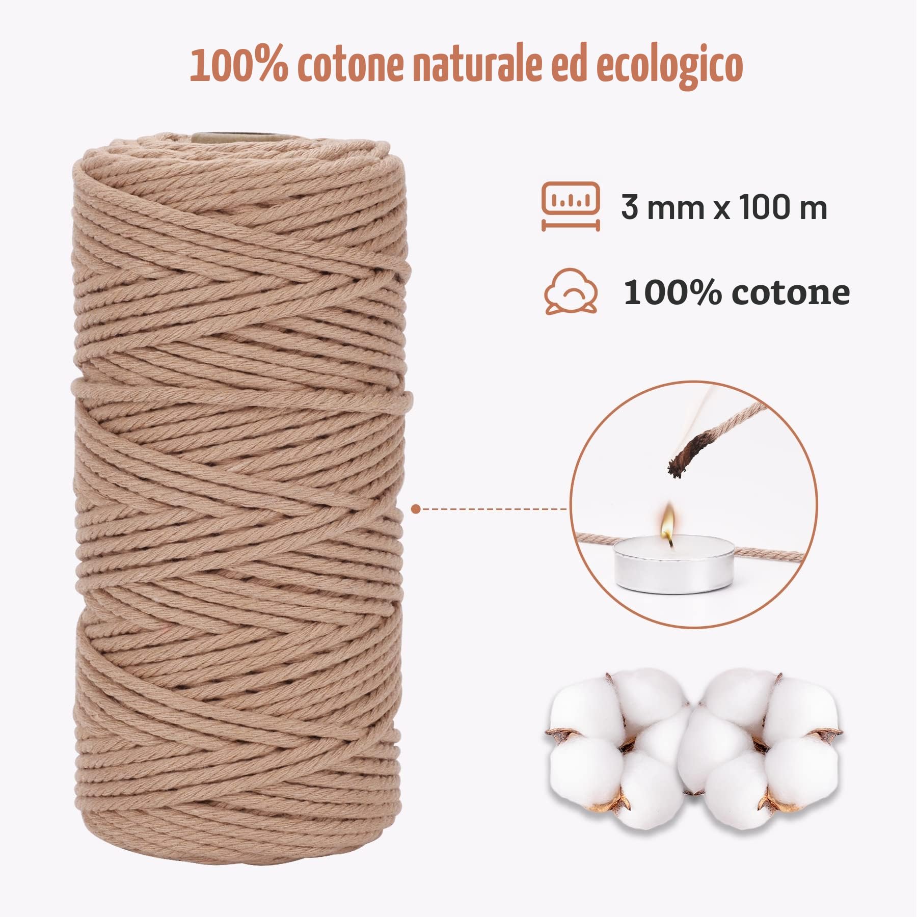 Corda Macramè 3mm Set 3 Filo Cotone Naturale 100m Beige Terracotta Bordeaux 300 Metri