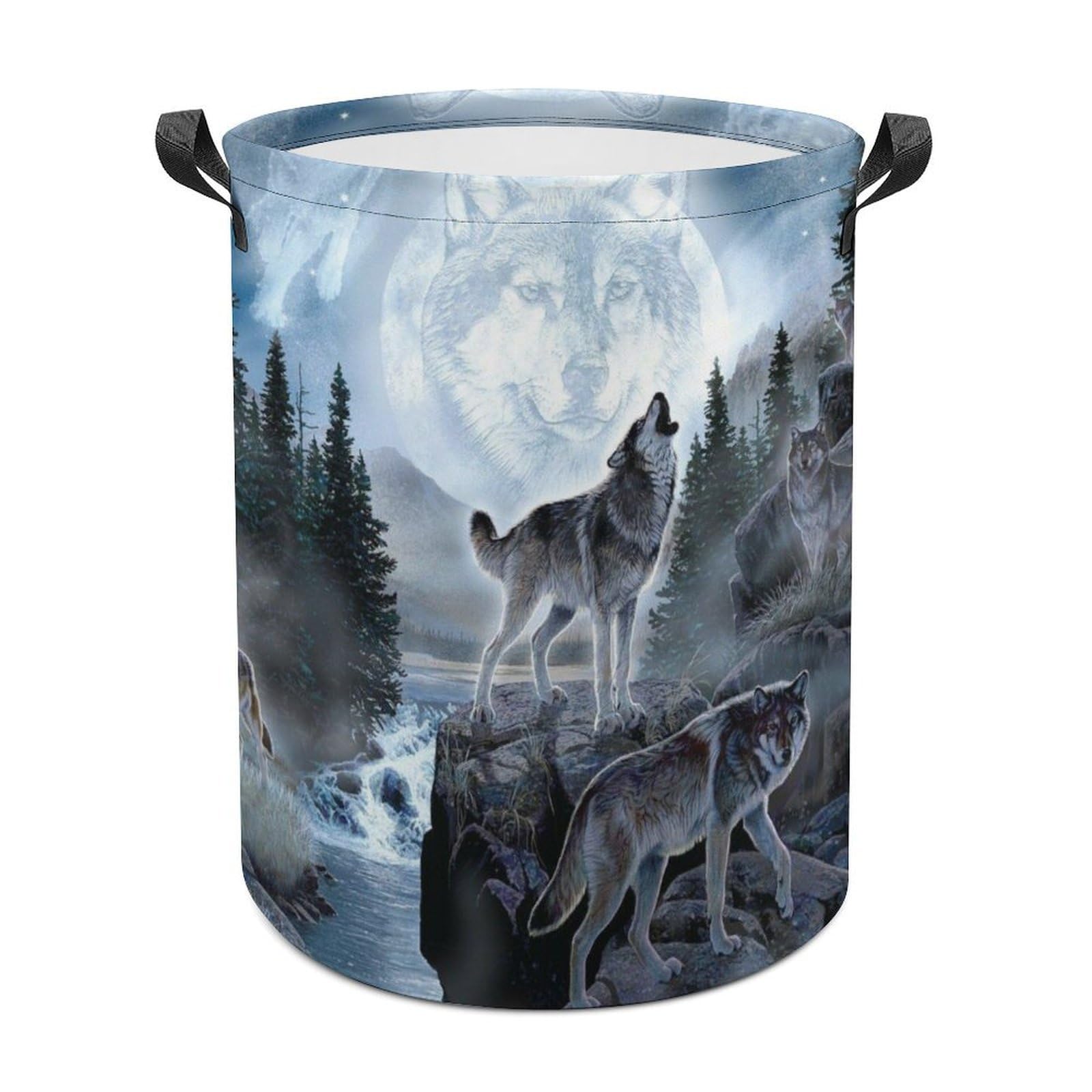 MHYRAC Laundry Hamper, Moon Wolf Laundry Basket, Washing Basket with Handle
