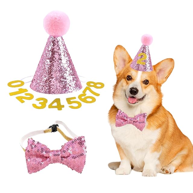 Sombrero de Cumpleaños para Perro y Gato, Set Rosa de Tela con Collar de Pajarita