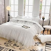 Vista 6 de Juego de funda de edredón de encaje blanco con volantes, funda de edredón con lazo, ropa de cama elegante para niños, 100% poliéster, juego de funda