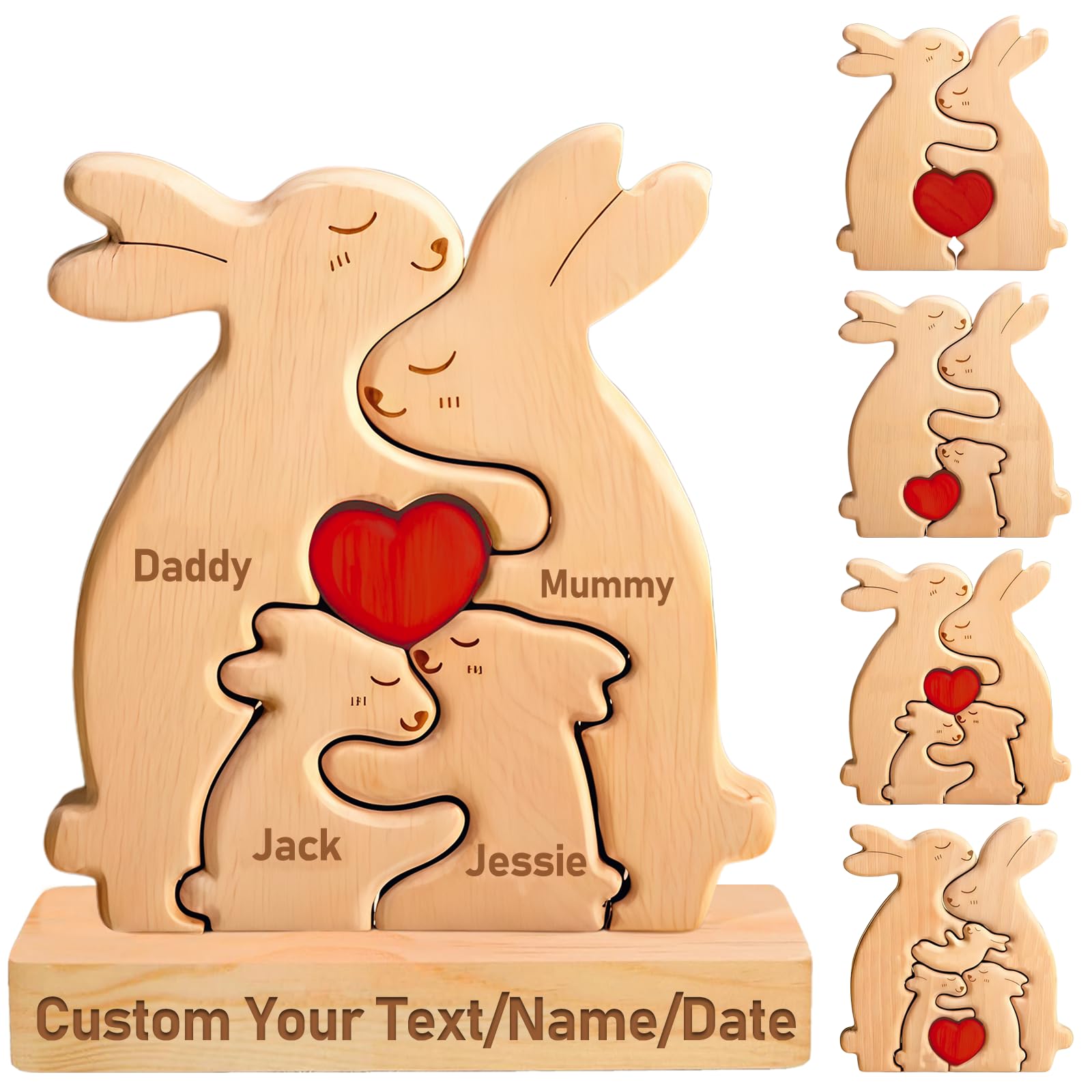 Gifts for Father-Personalized Wooden Bear Puzzle Custom Mama Bear Puzzle with 2-7 Names for Home Decor Personalized Gifts for Mother's Day Father's Day Birthday Christmas House Warming (Rabbit)