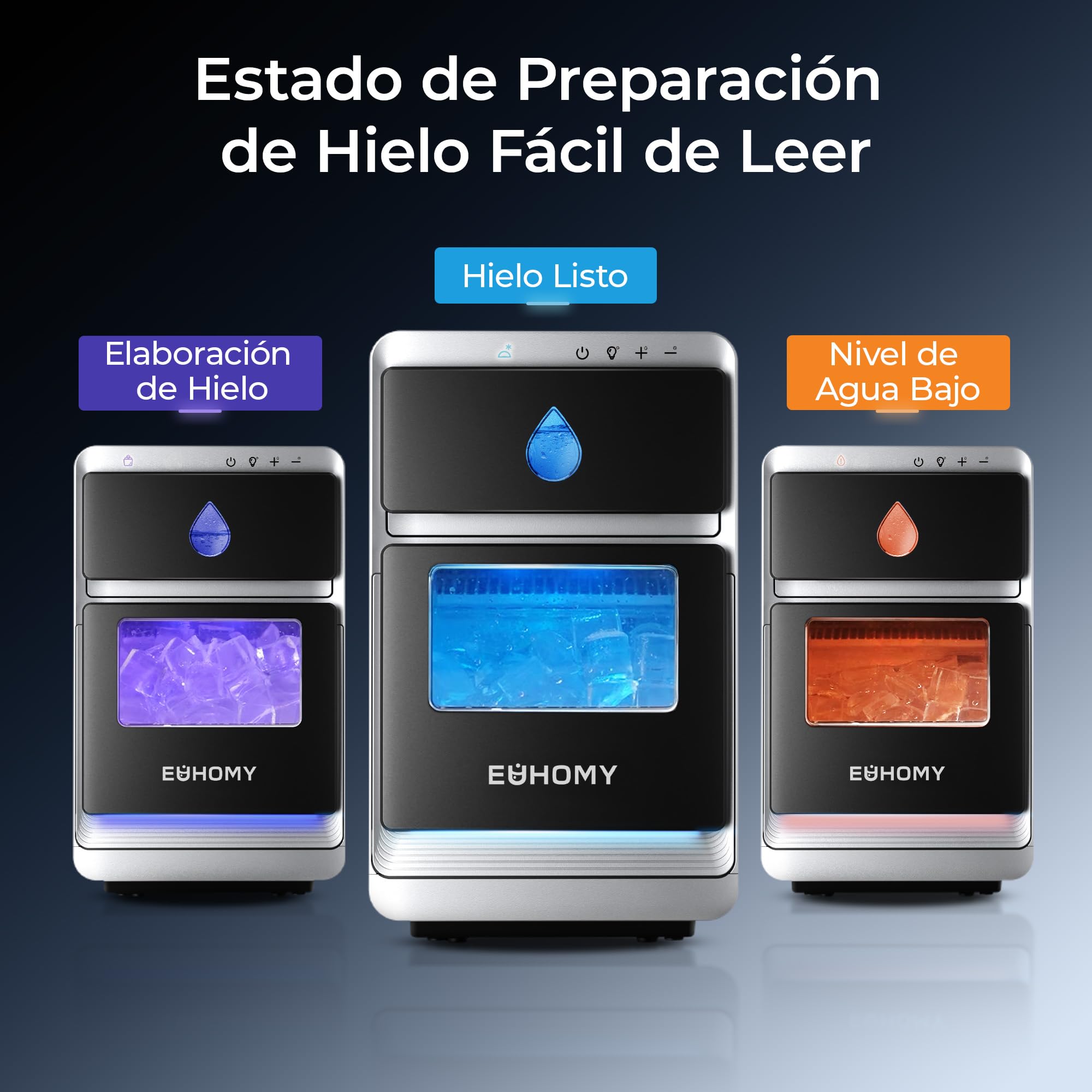 EUHOMY Maquina de Hielo, Máquina de Hielo de Hielo Media Luna, Listo en 12 Min, 1600 Cubos Al Día, Maquina Hielo de Limpieza Automática, Maquina Hacer Hielo Para Cocina, Fiesta y Bebida Diaria, Negra