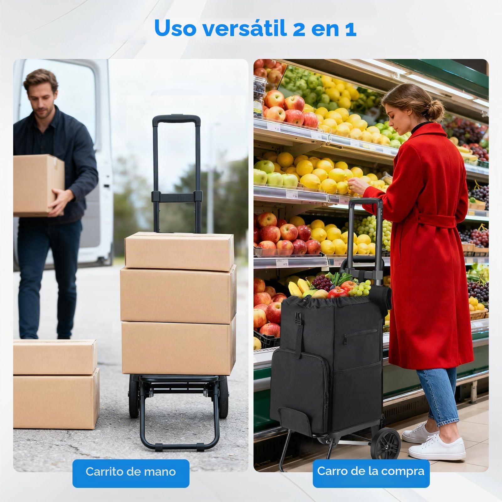 Housolution Carrito Carro Compra Plegable con Ruedas | 46L/136KG Capacidad, 2 en 1 Carretilla de Transporte Compacto para Acampar y Viajes