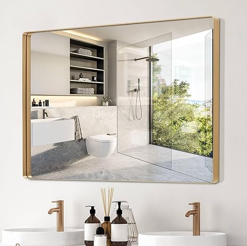 NARCISSUS Espejo de baño para pared, espejo rectangular de tocador de 40 x 30 pulgadas con marco de aleación de aluminio dorado, espejo de pared