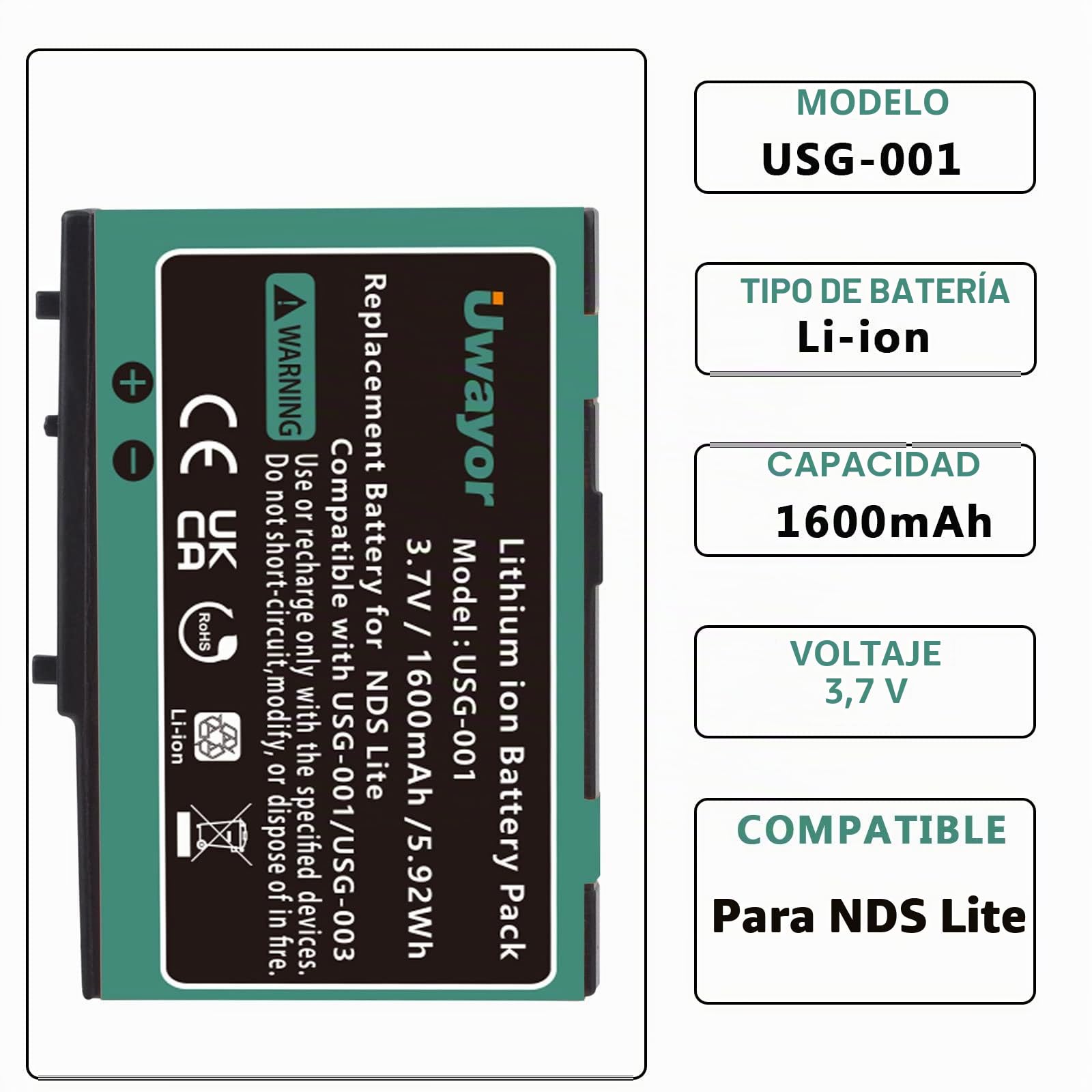 DS Lite - Batería recargable de iones de litio para consola de juegos Nintendo DS Lite (1600 mAh, los colores nuevos y antiguos se envían al azar)