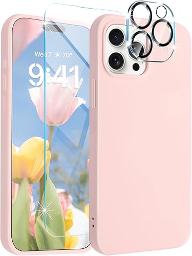 ACOSTETE Funda para iPhone 15 Pro Max, con protector de pantalla + protector de lente de cámara goma de silicona líquida a prueba de golpes forro de