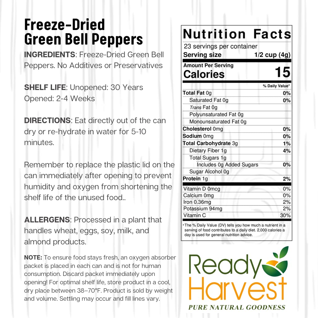 Ready Harvest Freeze Dried Food - Green Bell Pepper | Emergency Pantry Staples | Canned Vegetables | #10 Can | 25-Year Shelf Life | Cans Filled to the Top