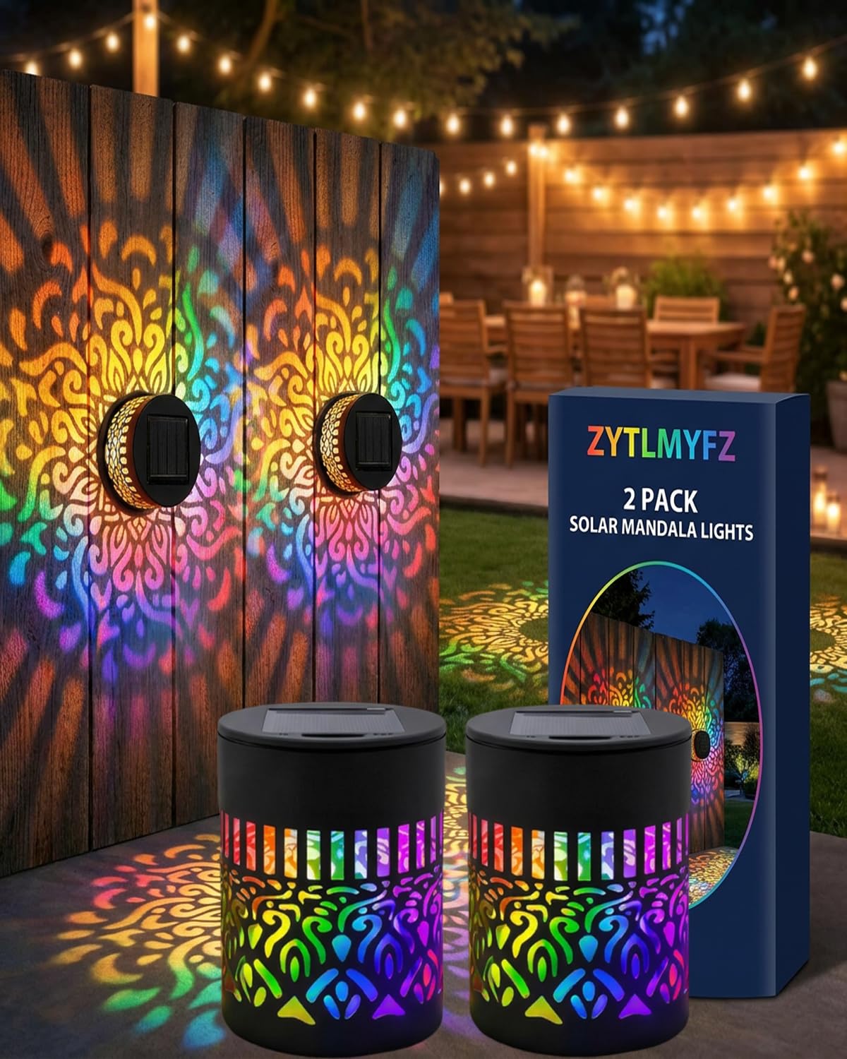 Photo 1 of ZYTLMYFZ Solar Mandala Lights Outdoor Wall Powered Projector Light Decorative Projection Color Changing Seven-Color Ambient Glow Metal Hollow Iron Waterproof Garden Fence Patio Yard Mounted(2pcs)
