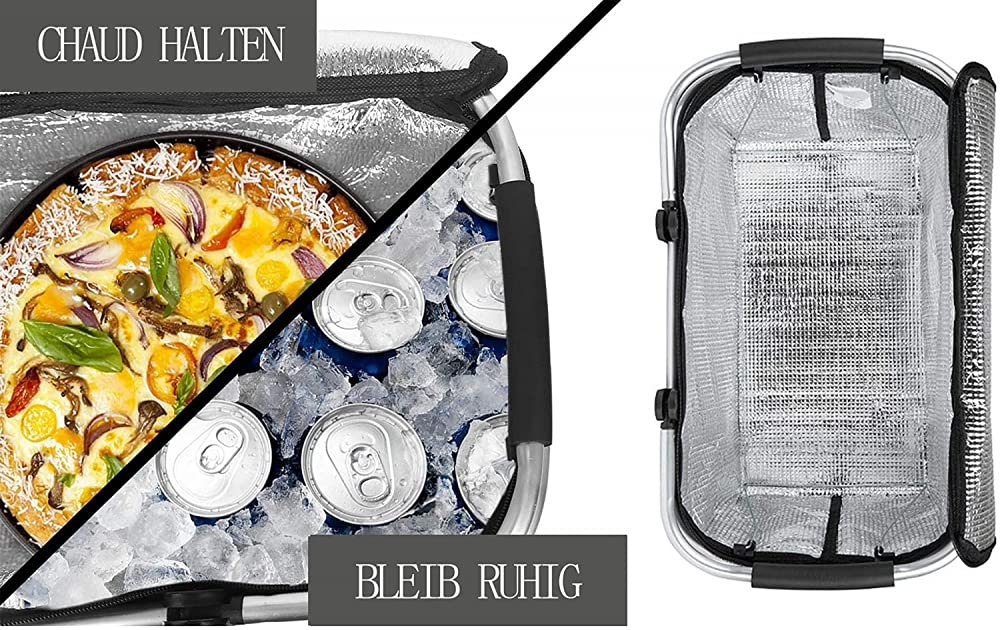 Cesta De Picnic, Robusto Marco De Aluminio De 32L con Forro Bolsa Térmica Plegable con Cremallera Y Asa, Adecuada para Viajes Y Vacaciones De Campamento-Nero