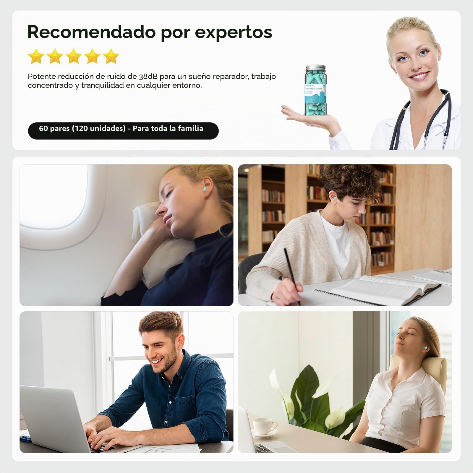 SURFOU Tapones Oidos Ruido Dormir 60 Pares, 38 dB Reducción, Reutilizables y de Espuma Ultra Suave, Ideales para Personas que Duermen de Lado, Viajes, Casa y Estudio, Verde