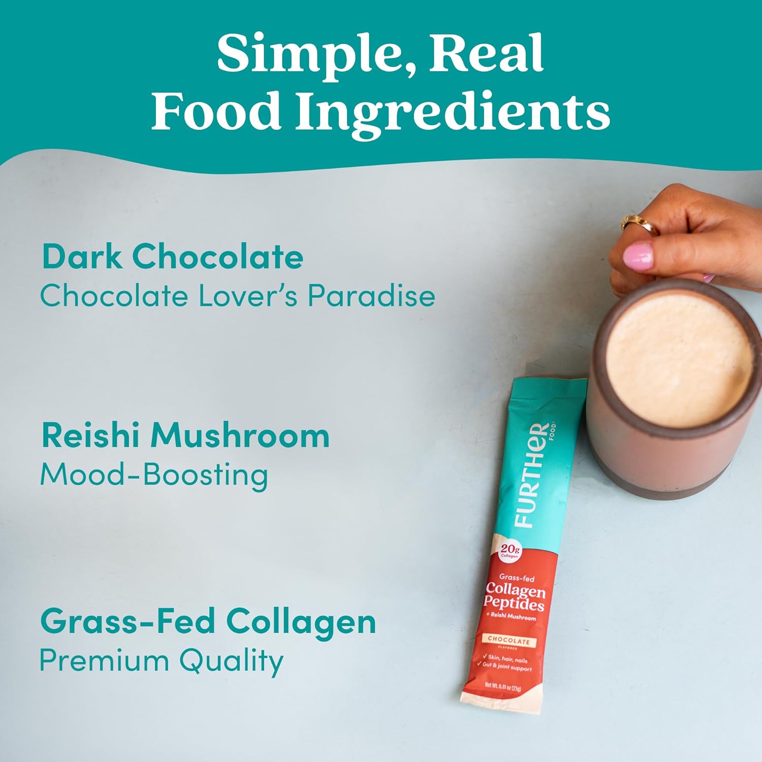 Further Food Chocolate Collagen Peptides Powder with Reishi Mushroom - 100% Grass-Fed, Hydrolyzed Type 1 & 3, 20g of Collagen per Serving, Supports Skin, Hair, Nails & Joints, Stick Packs, 9.74 Oz
