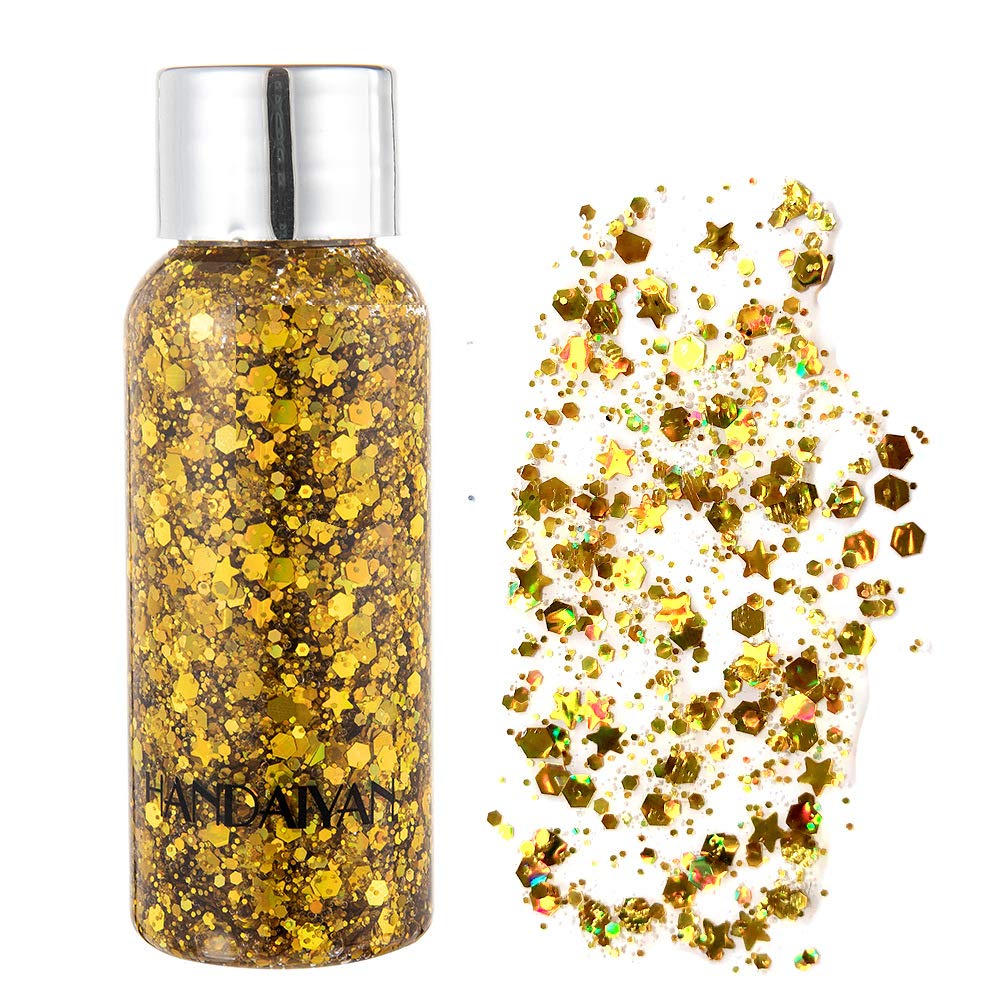 SEEWEBody Glitter Gel Mermaid Scale Sequins Skin Long Lasting Sparkling Cream Chunky Glitter Eye Shadow Lip Nail Hair Painting Glitter Decorate Art Festival Party Make up Powder (Gold)