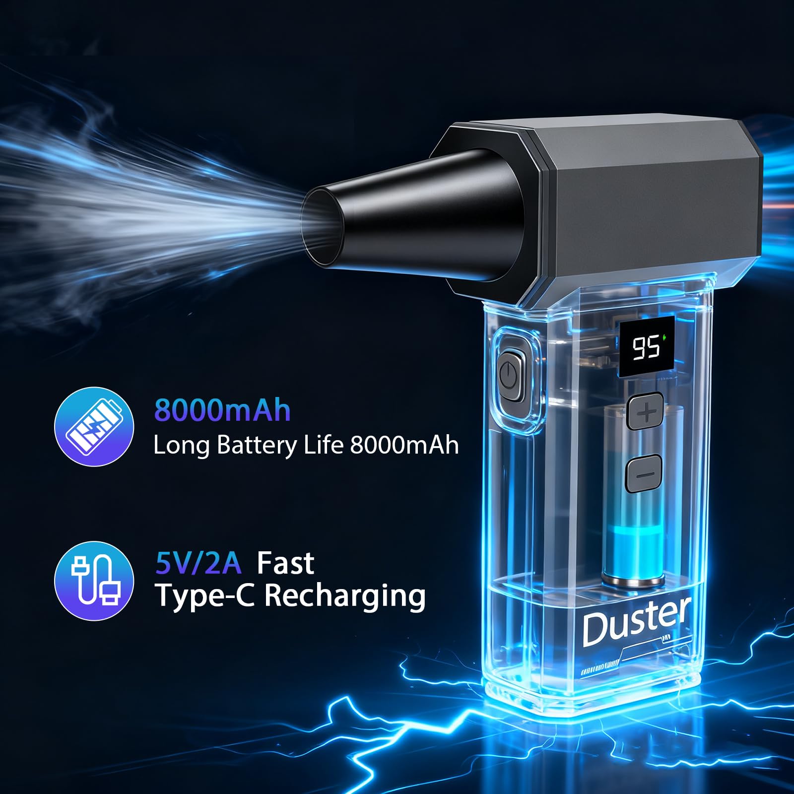 2 en 1 soplador de polvo eléctrico y mini aspiradora – 180.000 rpm pulverizador de aire comprimido con potencia turbo de 100 niveles comprimido con pantalla LED 8000 mAh batería soplador para PC