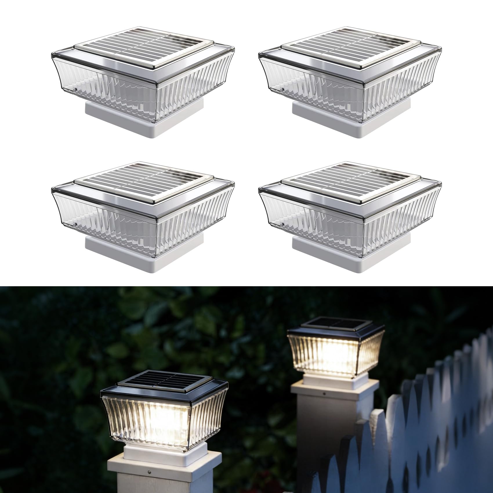 Pack de 4 Luces Solares Exterior para Escaleras, Lámpara LED con Carcasa Blanca Transparente para Peldaños, Vallas y Terrazas, Iluminación Impermeable de Alta Transmitancia, Blanco Cálido
