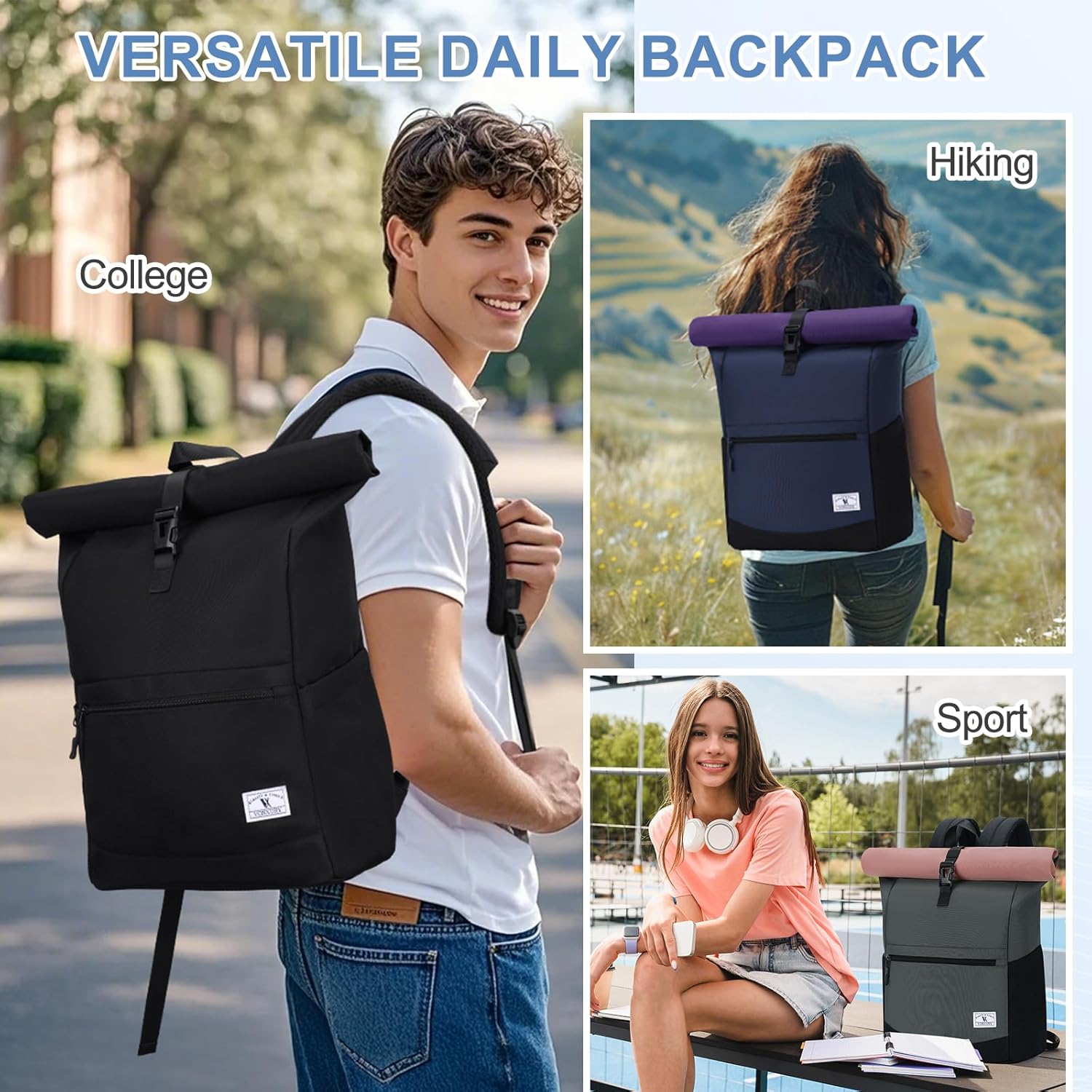 VX VONXURY Roll Top Backpack for Women,15.6 inch Laptop Backpack for Men,Top Open Casual Daypack for Work Travel