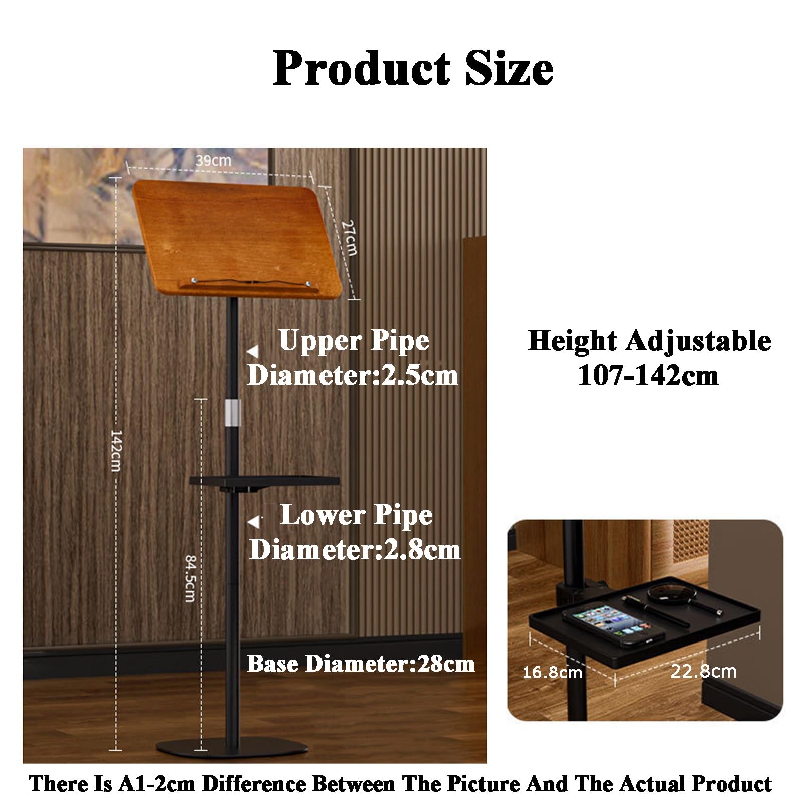 Generico Supporto per spartiti Regolabile in Altezza con Vassoio e Supporto per Tablet da Letto, Supporto da Pavimento Multiuso per proiettore, Ufficio e Studio (107-142 cm)