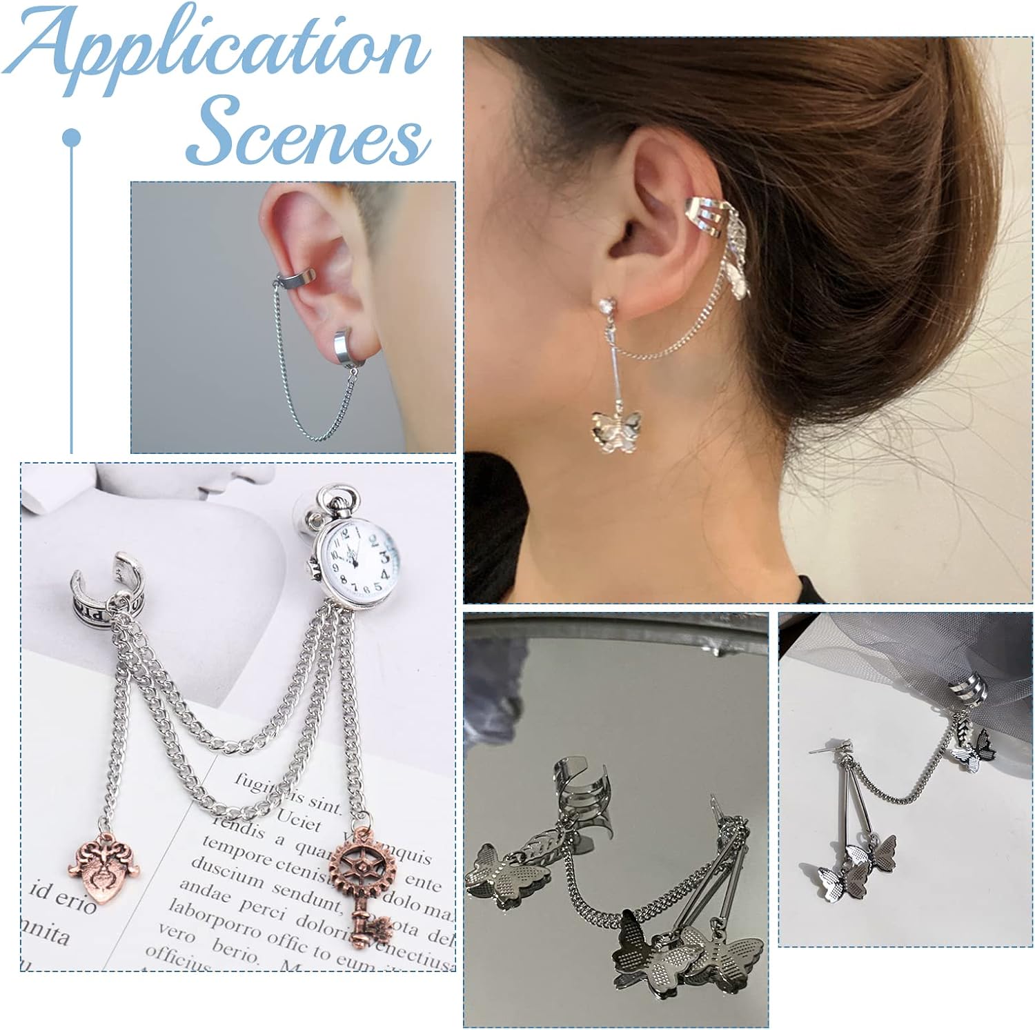DICOSMETIC 60Pcs Cuff Earrings Findings Cartilage Cuff Earring Non-Pierced Wrap Earring Adjustable Stainless Steel Clip-on Earrings Cuffs with Loop for Dangle Jewelry Making, Hole: 1mm
