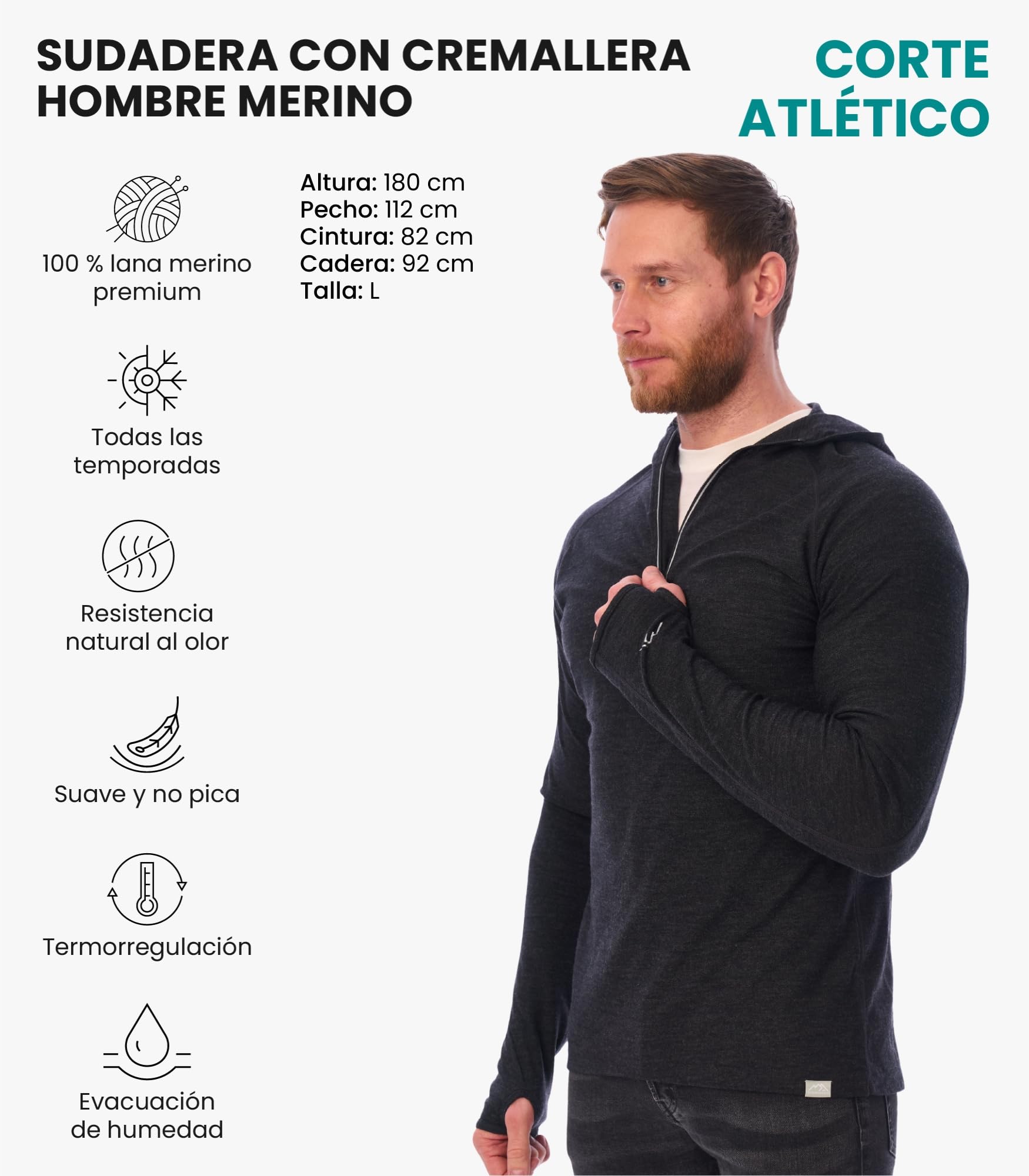 Merino.tech 100% Sudaderas Hombre con Capucha de Lana Merino | Absorbe sudor, capa media ligera para trekking y ocio. No pica, neutraliza olores