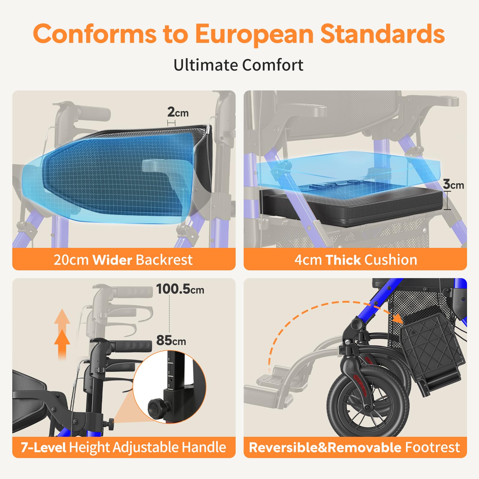 VOCIC Andador Silla de rueda 2 en 1 Andadore para anciano mayores con asiento,Silla transporte Andador plegable ligero, Aluminio ajustable en altura para exteriores y viajes, Azul(5 años de garantía)