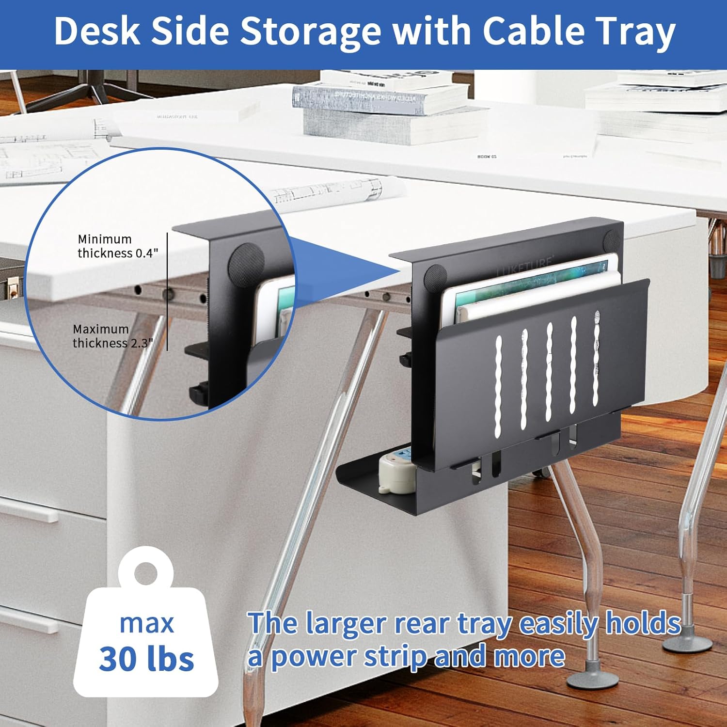 LUKETURE Desk Side Storage, Laptop Holder with Cable Management Tray, 2 in 1 Steel Under Desk Laptop Mount, Table Organization, Space Saving Table Accessories for Office and Home (Black)