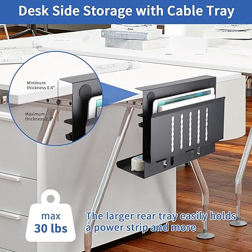 Miniatura 2 de LUKETURE Almacenamiento lateral de escritorio, soporte para laptop con bandeja de gestión de cables, soporte de acero 2 en 1 para debajo del