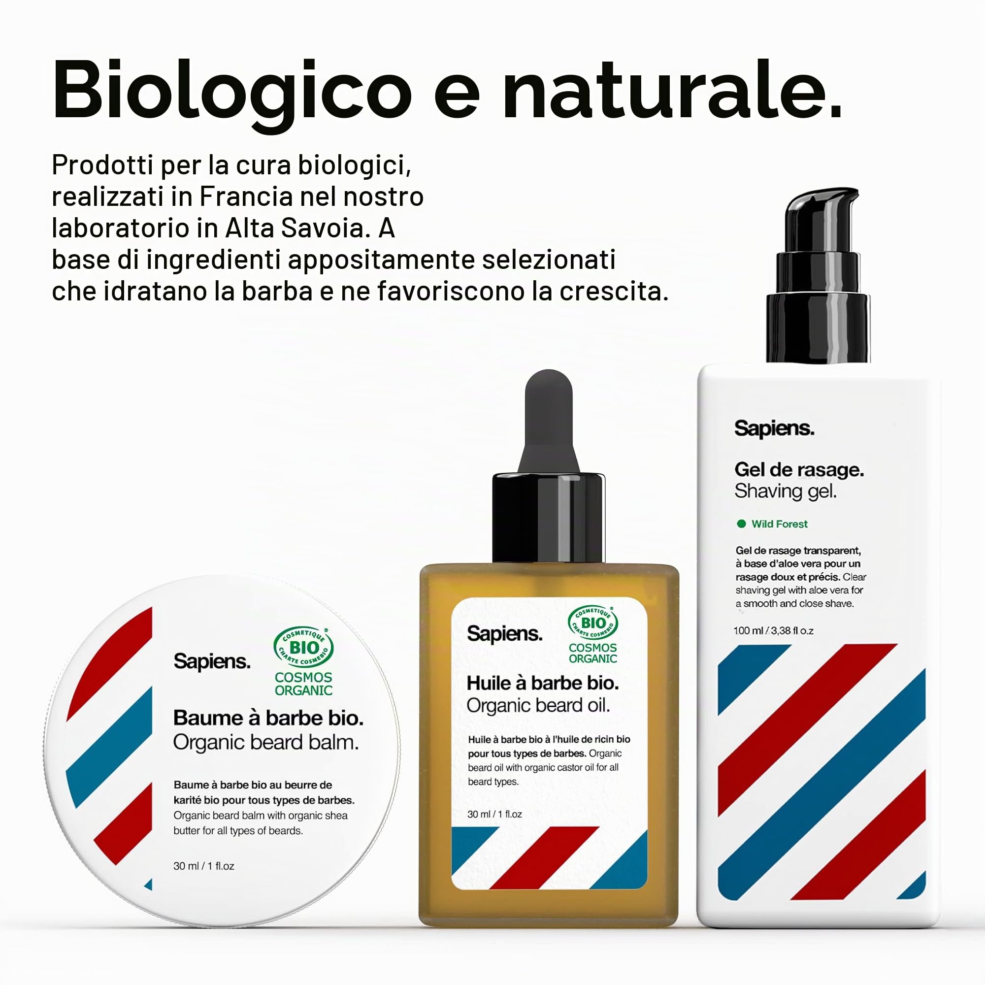 Kit Cura Barba Uomo e Rasatura Bio - Set regalo per uomo con cura della barba Made in France: gel da barba, olio per barba biologico, balsamo per barba biologico, rasoio, accessori, kit da toilette