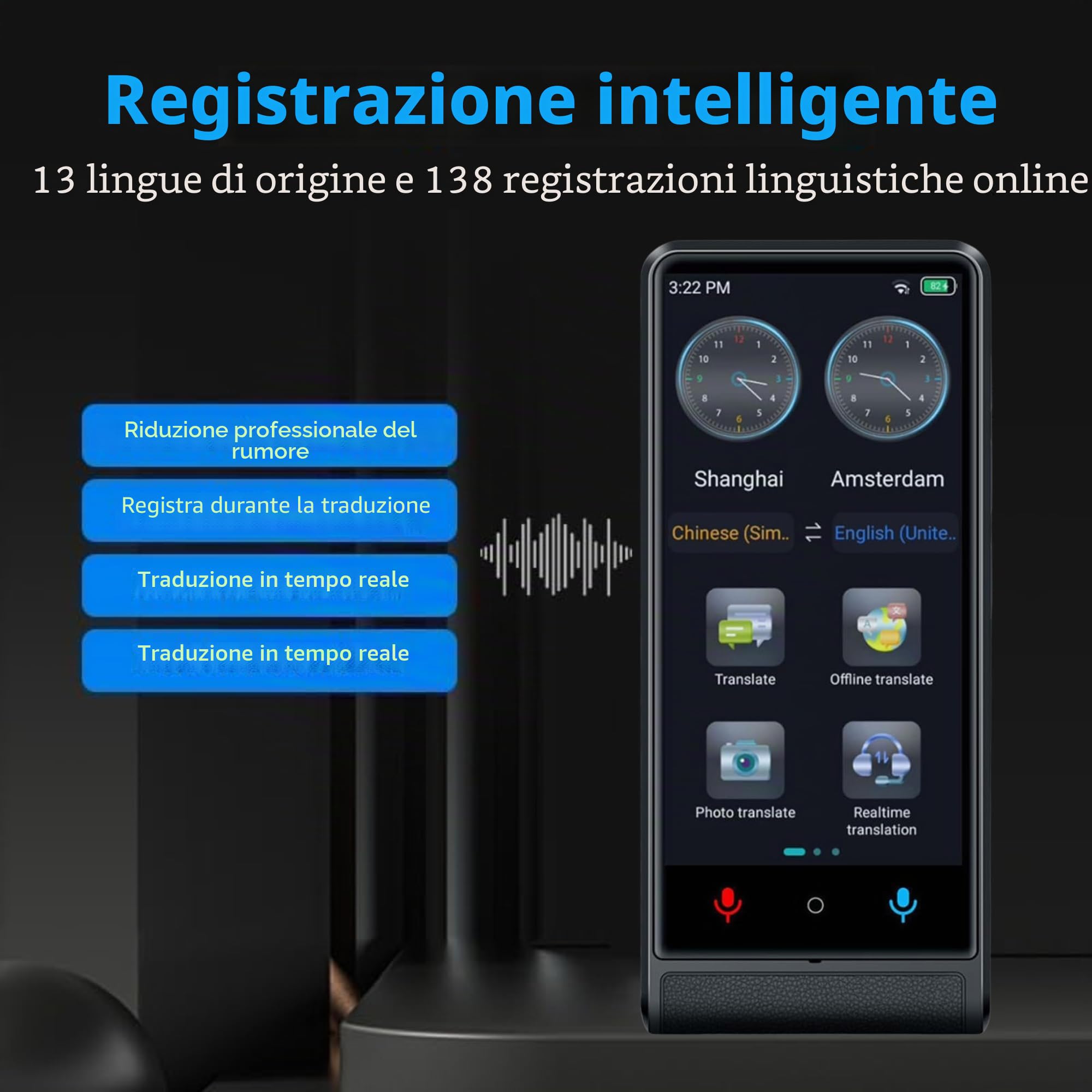California, Traduttore Vocale Istantaneo 2026, Senza WiFi Senza Dati, Schermo Touch 4 Pollici, Lega di Alluminio, 142 Lingue Online 22 Offline, Traduttore IA