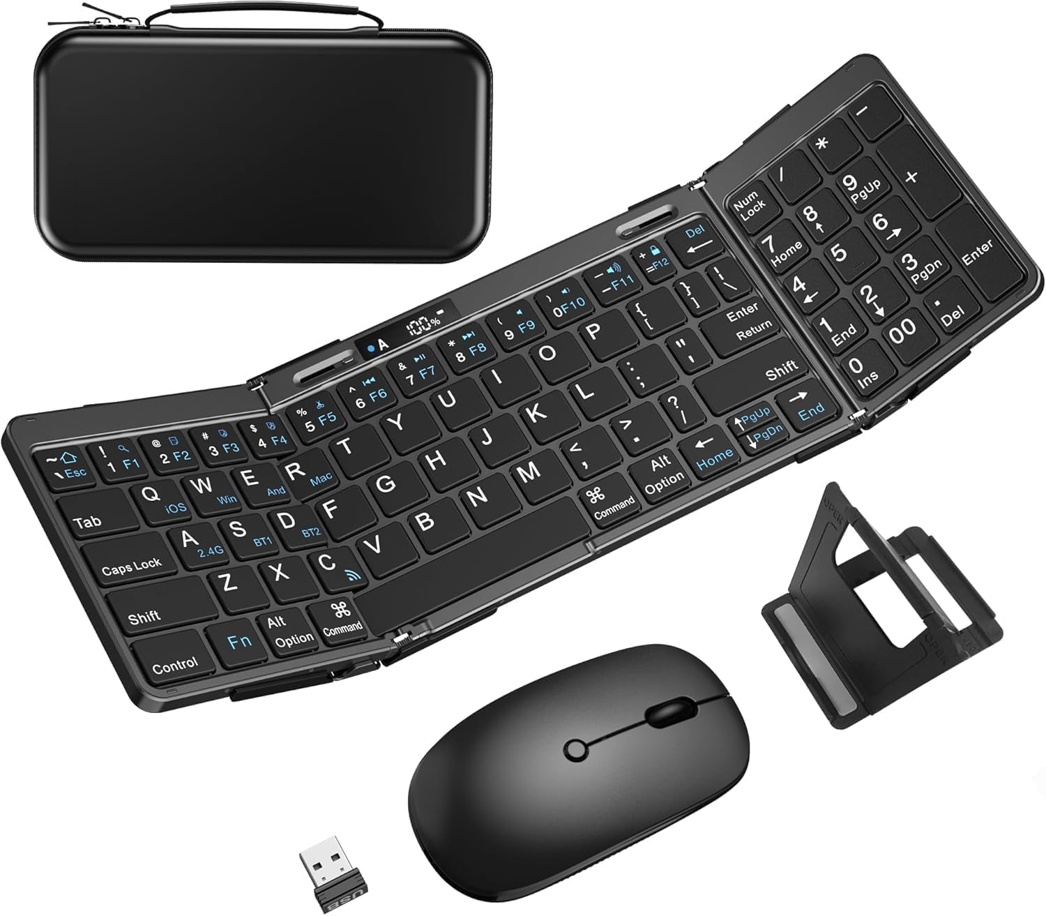 EDJO Foldable Keyboard and Mouse Combo with Portable Case, 2.4G Wireless & Bluetooth, USB-C Rechargeable, Black