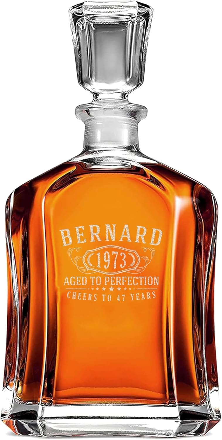 Personalized Etched Glass 23oz OG Whiskey Decanter, Custom Engraved Fathers Day Gift, Retirement, Anniversary, Housewarming, Customized Bourbon Gifts for Men, Scotch Birthday Gifts,Him,Dad, Bernard