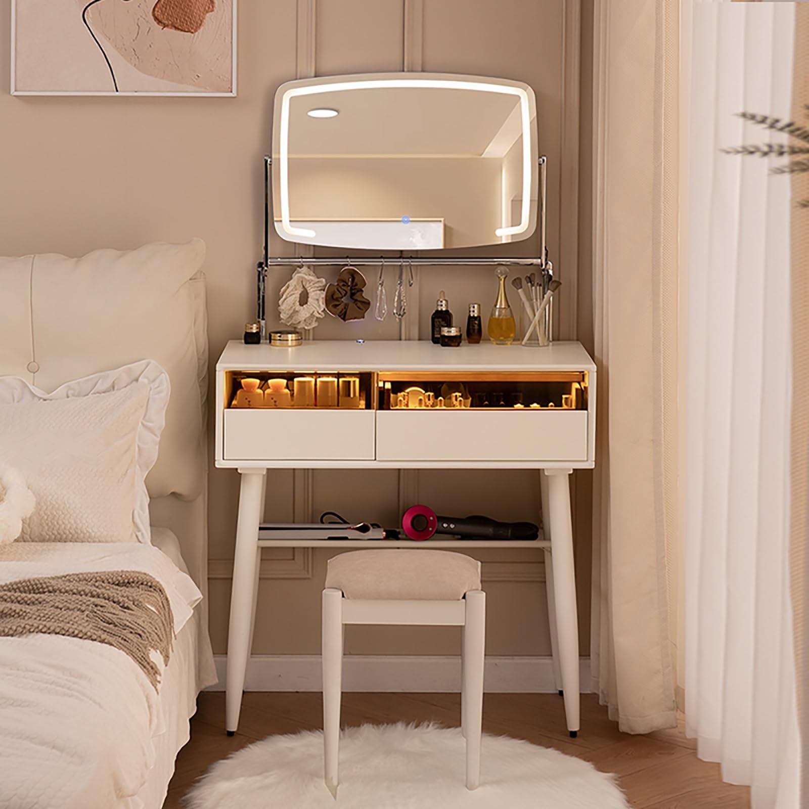 asdchZen Lighted Vanity Table Set With Stool, Makeup Desk With Storage Shelves, Dressing Table For Women & Girls, Compact Makeup Station With Mirror, Perfect For Small Spaces,101x39x80cm