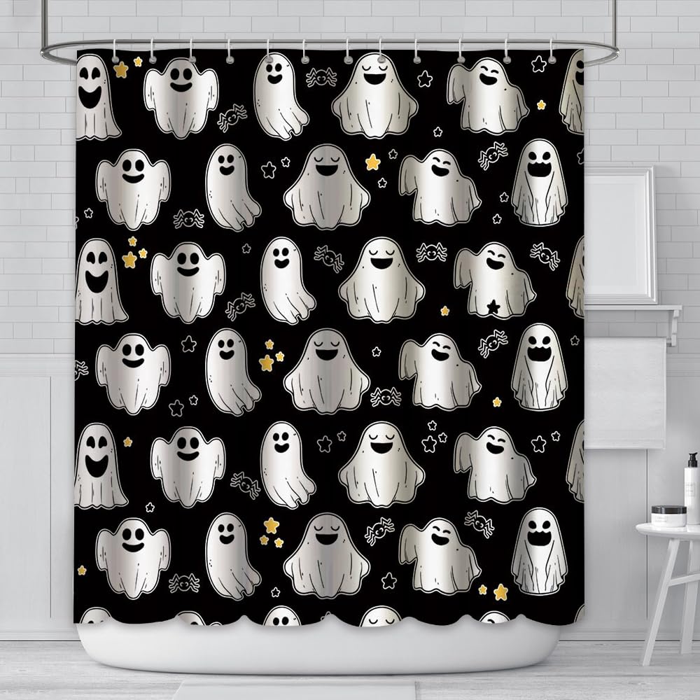 MEHOFOND 72x72in Halloween Ghost Shower Curtain Set with Hooks Horror Black and White Spooky Cute Ghost Spider Bathtubs Decor Washable Durable Polyester Holiday Home Indoor Bathroom Curtains