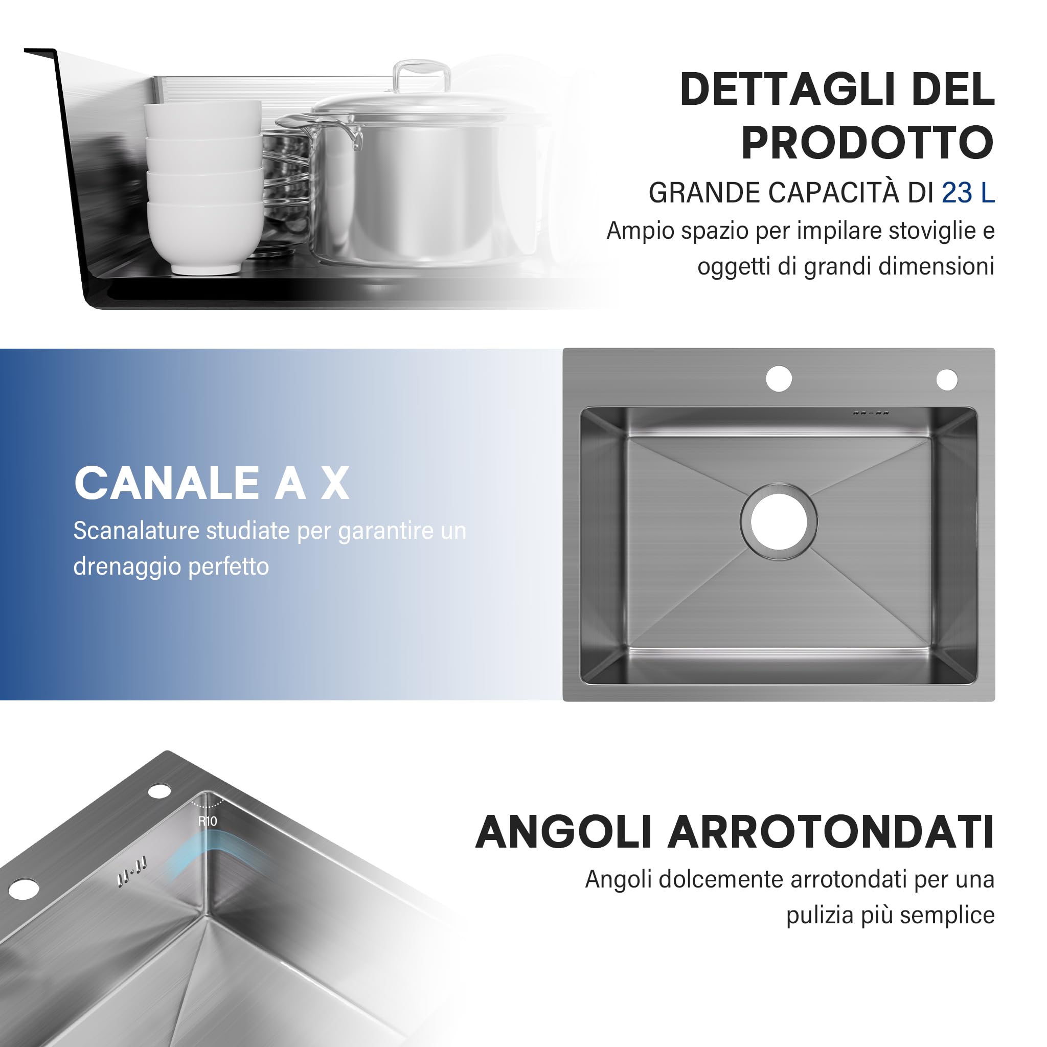 STANEW Lavello Cucina in Acciaio Inox 55 x 45cm,con Dispenser sapone, Lavello da Incasso A 1 Vasca,con Troppopieno e Sifone,Argento