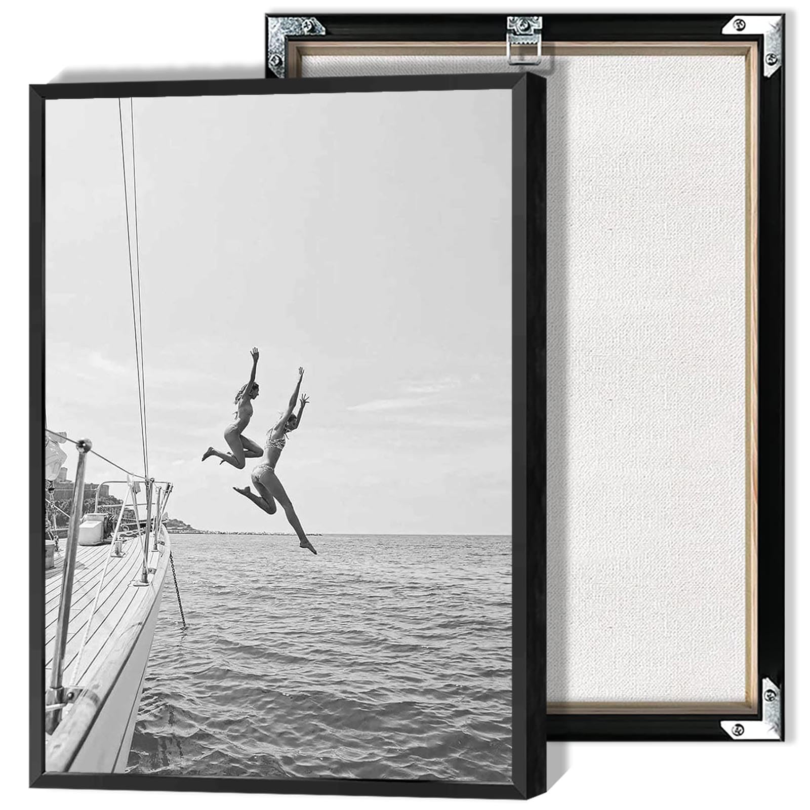 ADRHGCY Vintage Women Jumping Into Water Posters Black And White Coastal Canvas Wall Art Summer Ocean Jump Sail Boat Yacht Prints Painting For Home