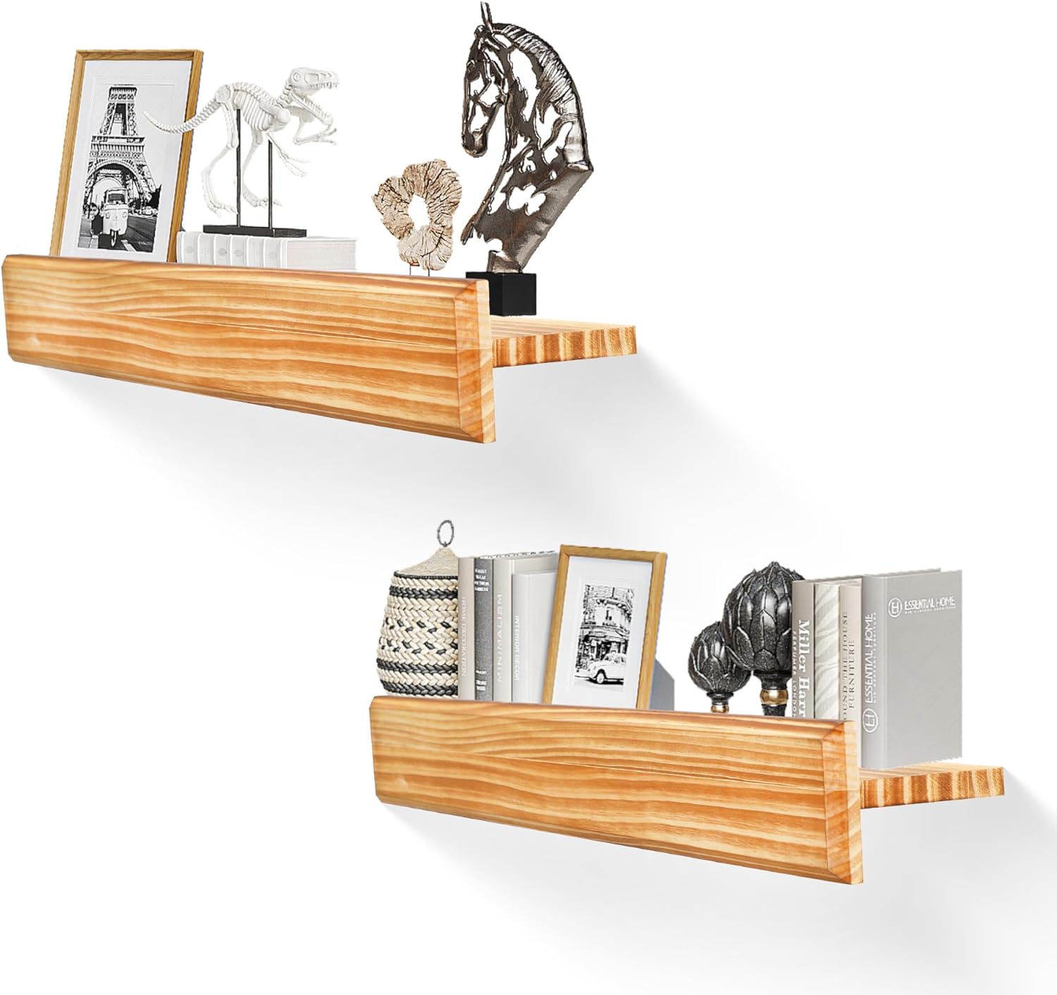 24 Inch Picture Ledge Shelf with Lip,Floating Shelves for Wall, Set of 2 Solid Pine Wood Shelves with Invisible Brackets, Wall Storage for Living Room, Bedroom, Kitchen, Bathroom(Carbonized Brown)