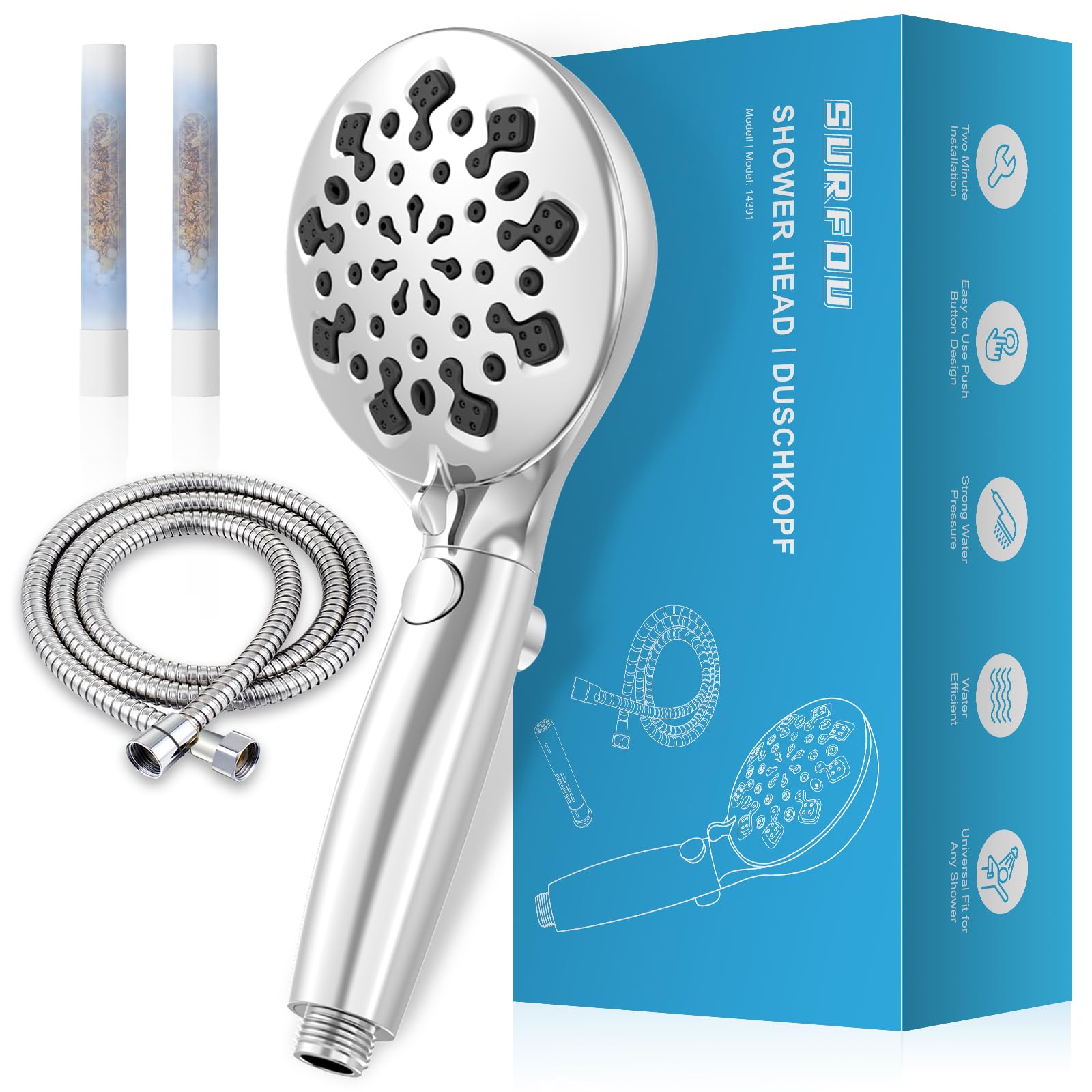 SURFOU Filtered Shower Head and Hose 1.5m, 10 Spray Modes High Pressure Handheld Showerhead with 2 Replaceable Filters, Pause Switch, Massage, and Water Saving for Bathroom