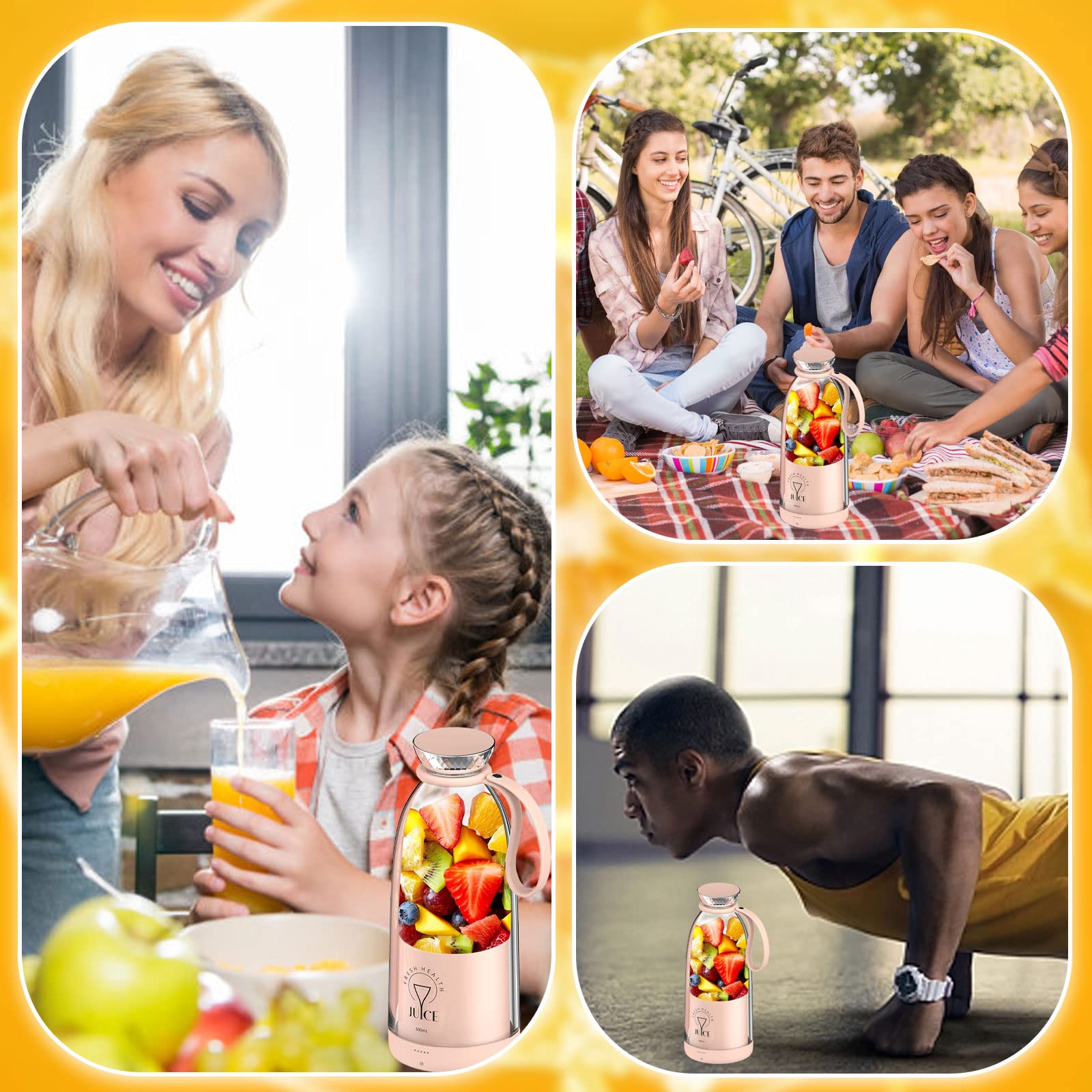 Fresh Juice Mixer Bottiglia, frullatore portatile, frullatore per smoothie Maker To Go,500 ml, supporto ricaricabile con 6 lame in acciaio inox, bottiglia per alimenti per bambini (rosa)