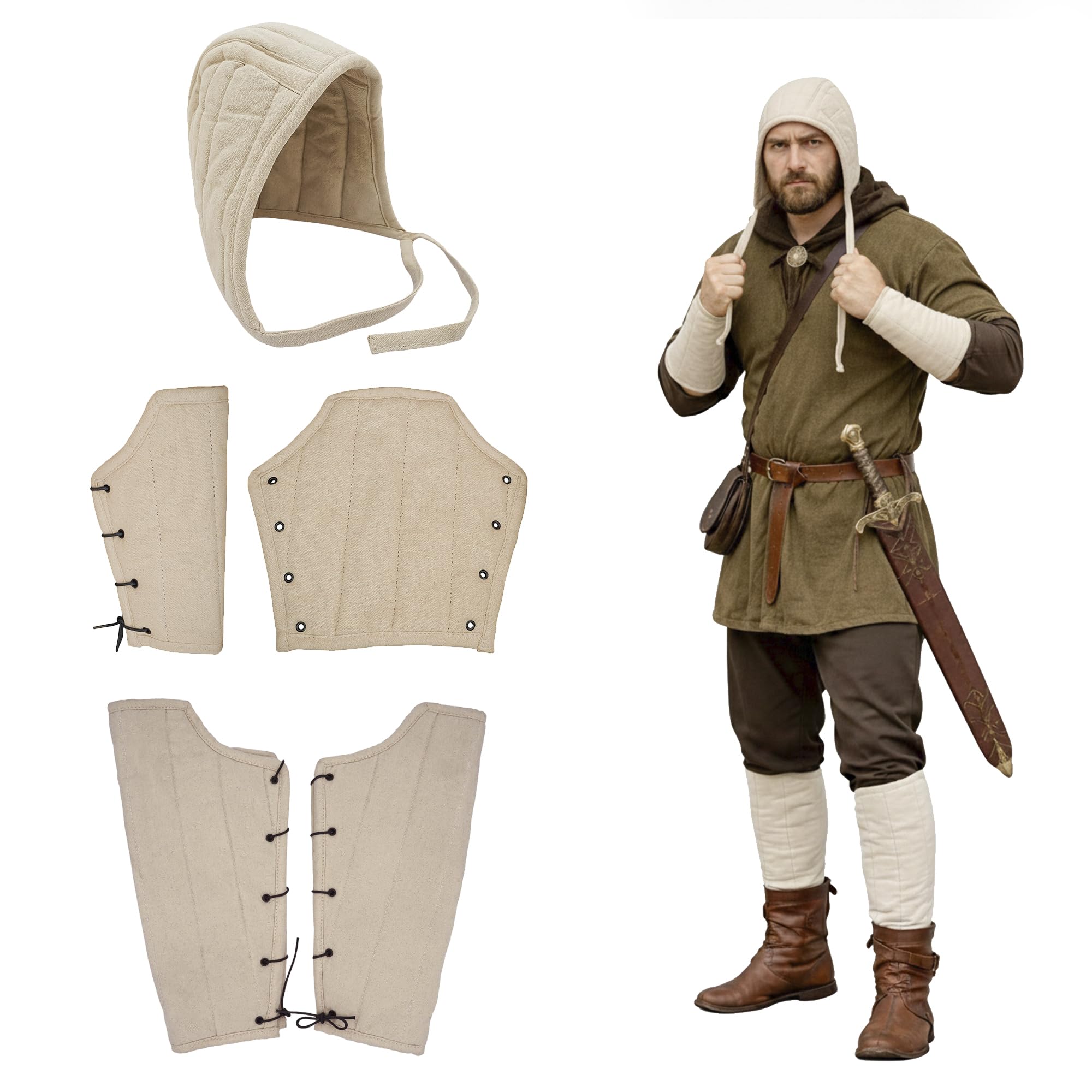Lord Of Battles Unisex Pack Of Greaves, Bracers & Cap Medieval Bracers Padded Arm Guard Knight Bracers With Fabric Strings Closure, Perfect For Larp, Renfair (Pack Of Greaves, Bracers & Cap)