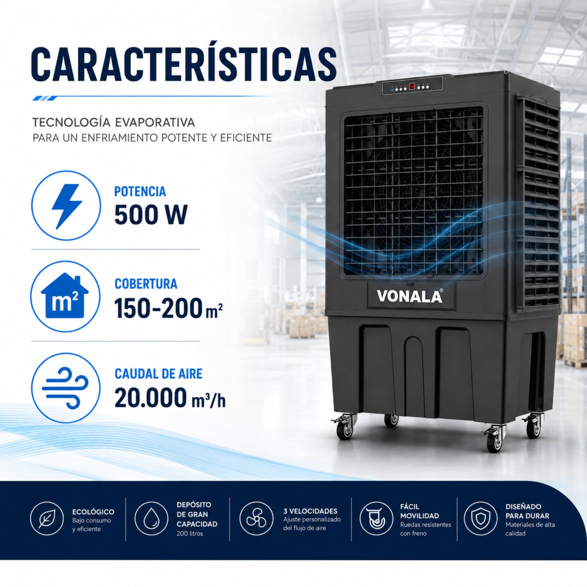 Climatizador Evaporativo Industrial VONALA BLACKOOL20 – Enfriador de Aire Profesional, Depósito 150L, Caudal 20000 m³/h, Cobertura 200m², 500 W, Climatizador Industrial Portátil
