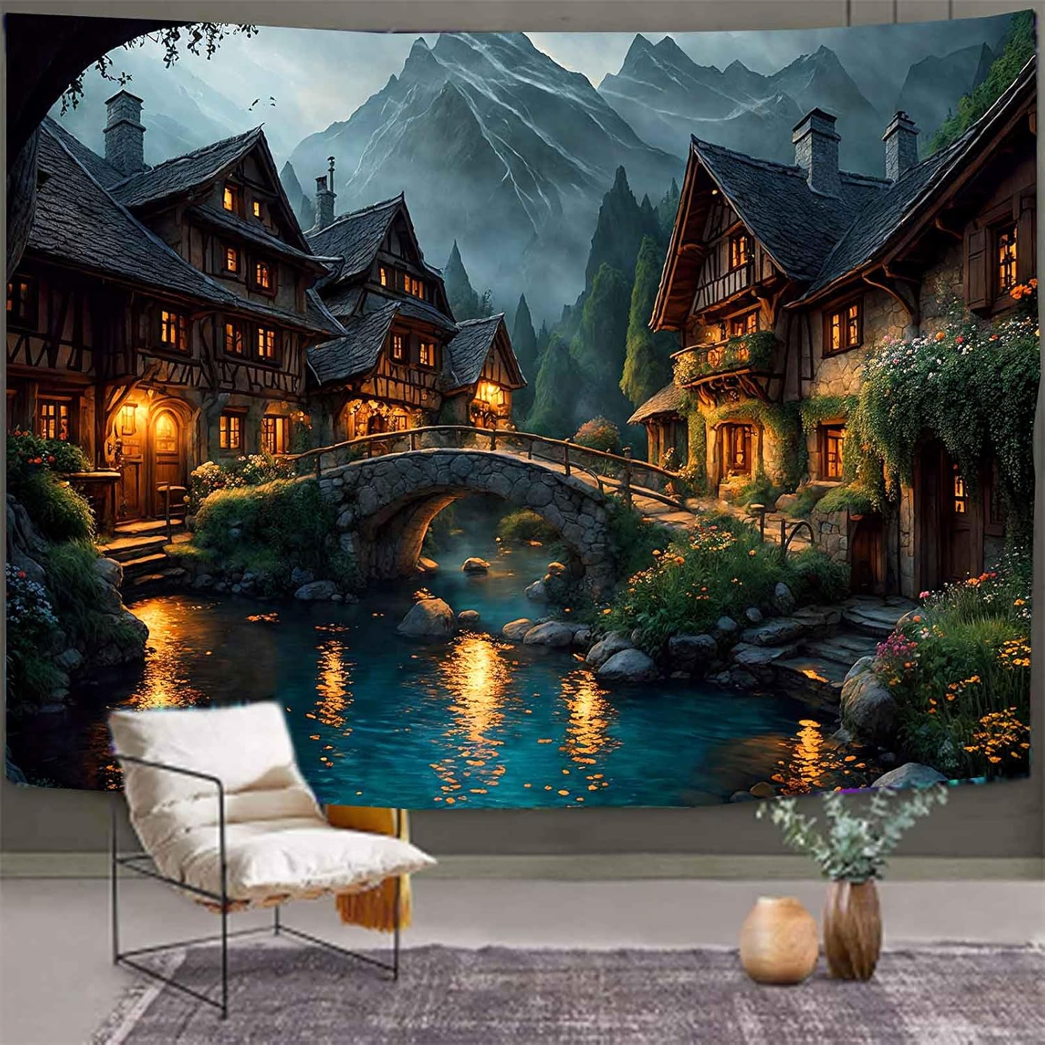 Aidatain Fairytale World Scenery Tapestry Town River Bridge Tapestry a Large 90" L x 84" W Flannel Fabric Landscape Wall Art Hanging for Kids Boys Girls Room Bedroom Dorm Decor GTSHAT113